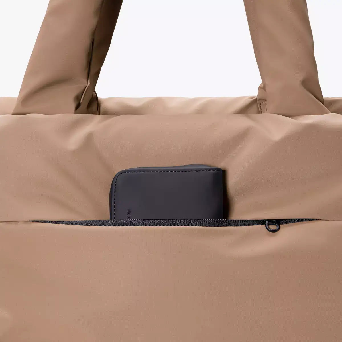 Olivia Large Moss Earth Shoulder Bag close-up of the front pocket with zipper for easy access.