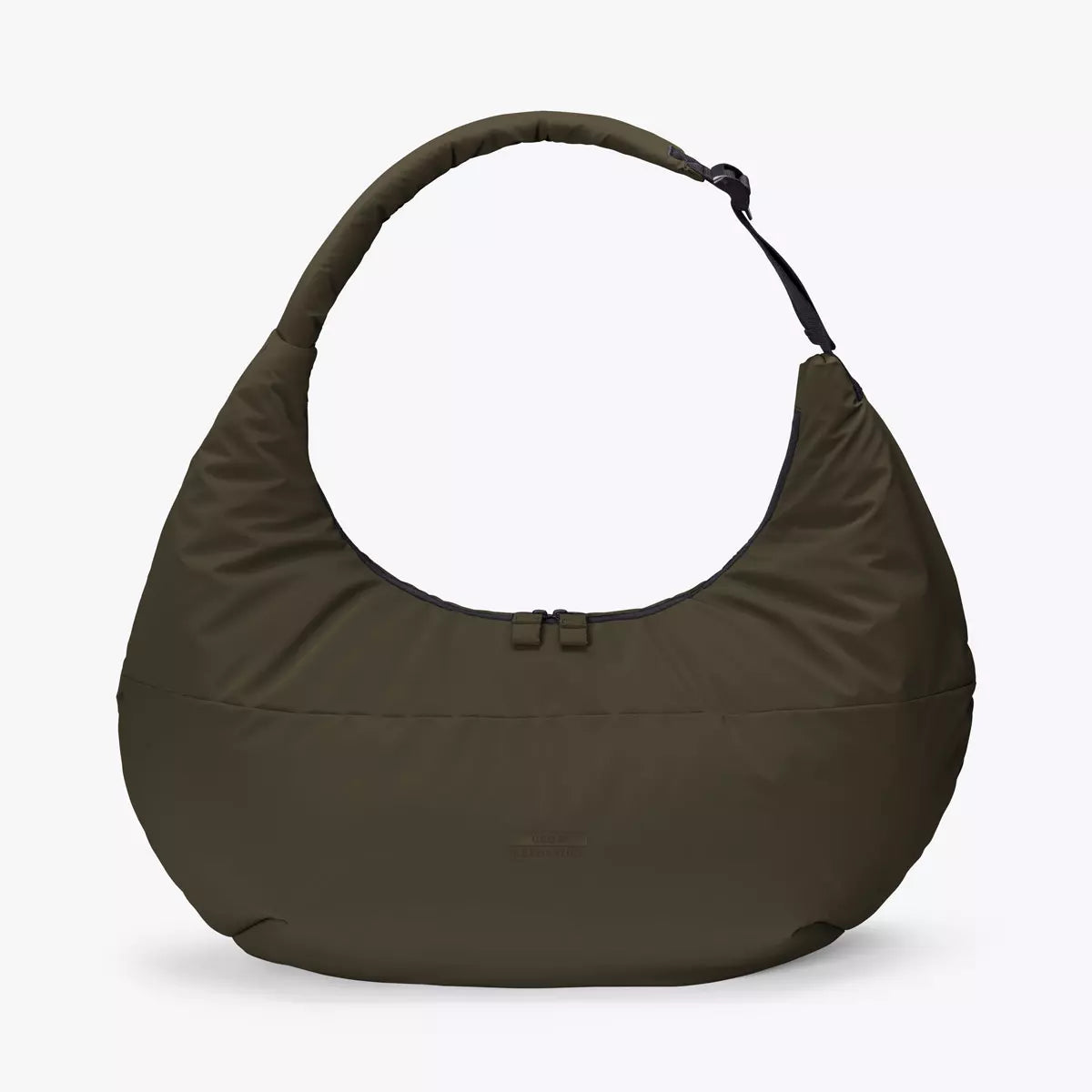 Shota Large Moss Olive Shoulder Bag, a large water-resistant puffer bag with adjustable strap and two-way zipper.