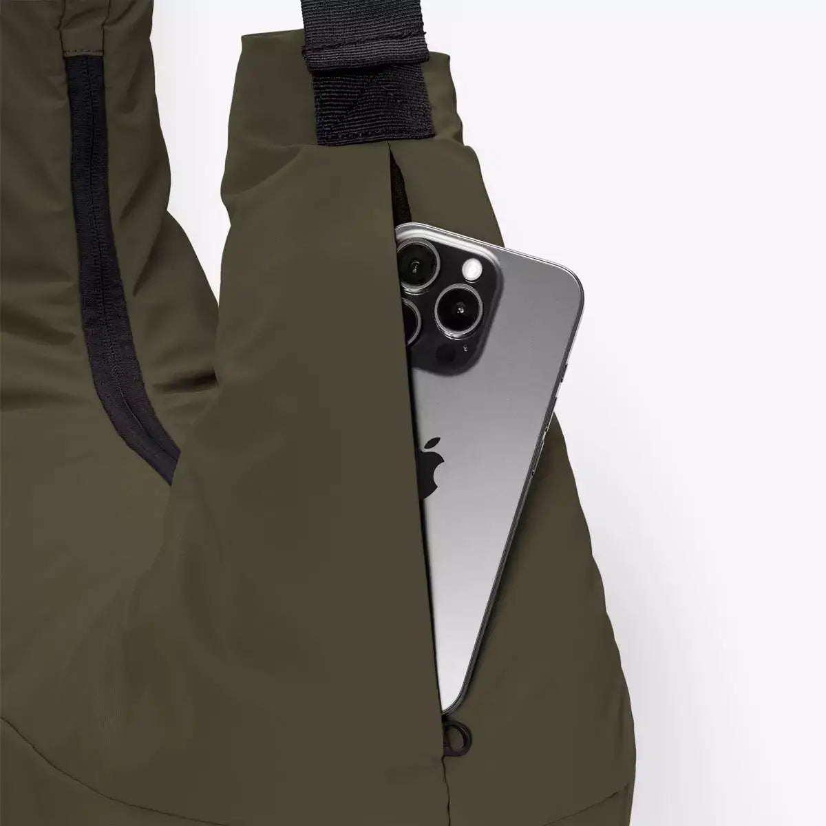 Shota Large Moss Olive Shoulder Bag with smartphone tucked in hidden outer pocket.