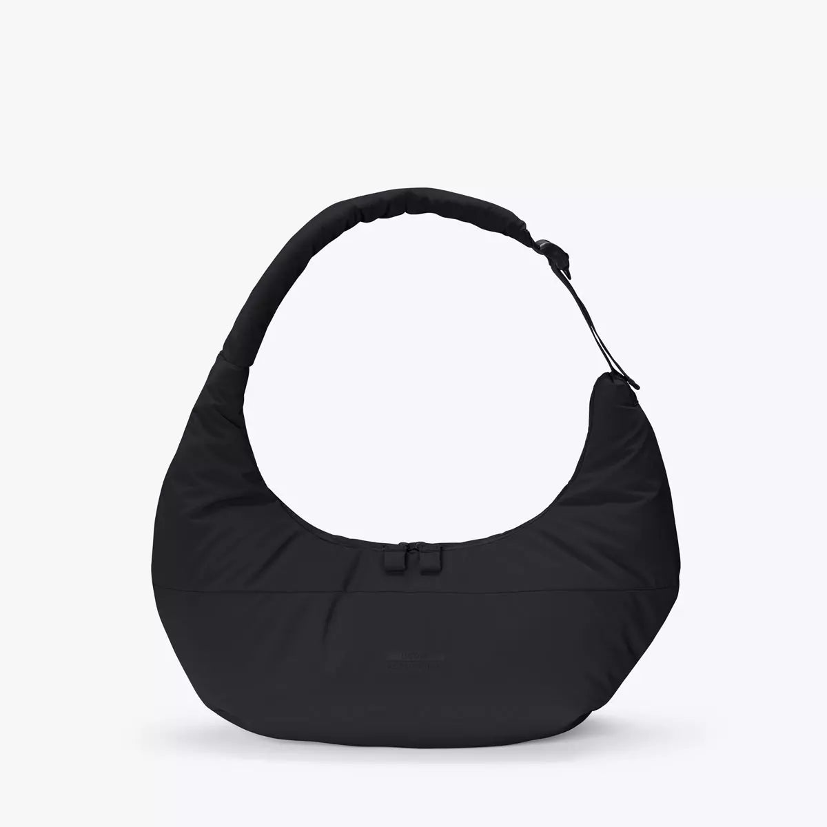 Shota Medium Moss Black Shoulder Bag front view showcasing its puffer design and shoulder strap.
