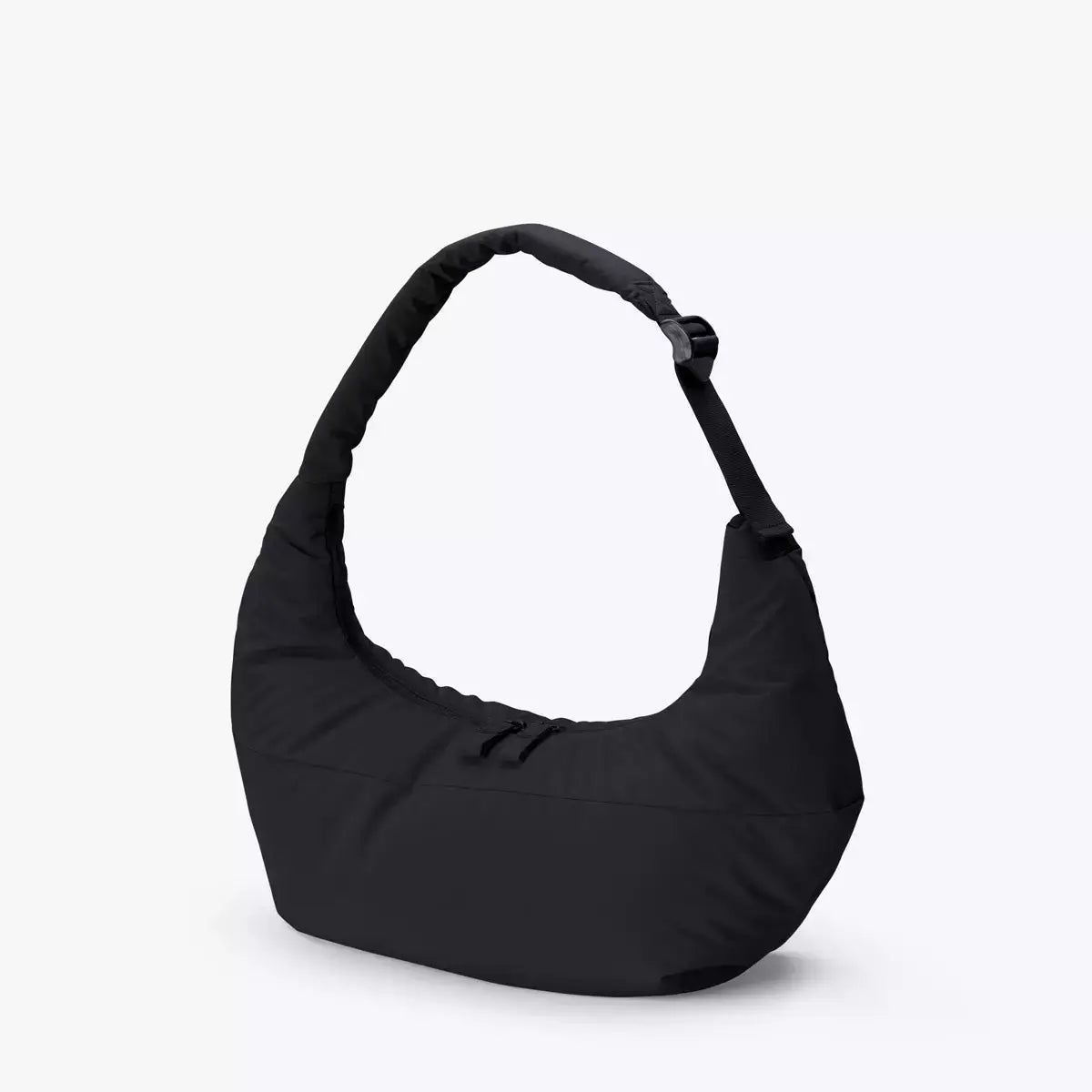 Shota Medium Moss Black Shoulder Bag, medium-sized puffer design, adjustable strap, water resistant, 300D rPET material.
