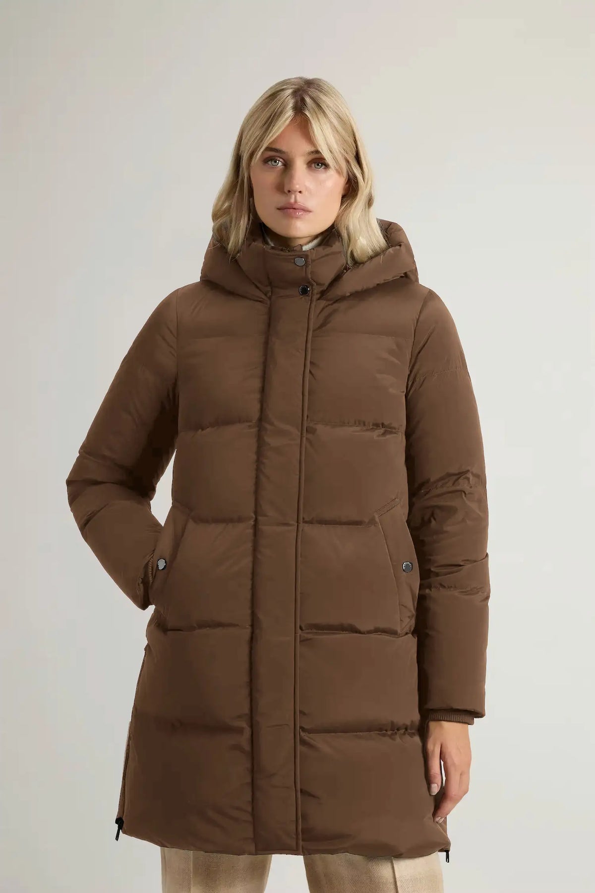 Kelly Jacket Dark Earth Coat by Woolrich, premium down filled coat with windproof and water repellent features.
