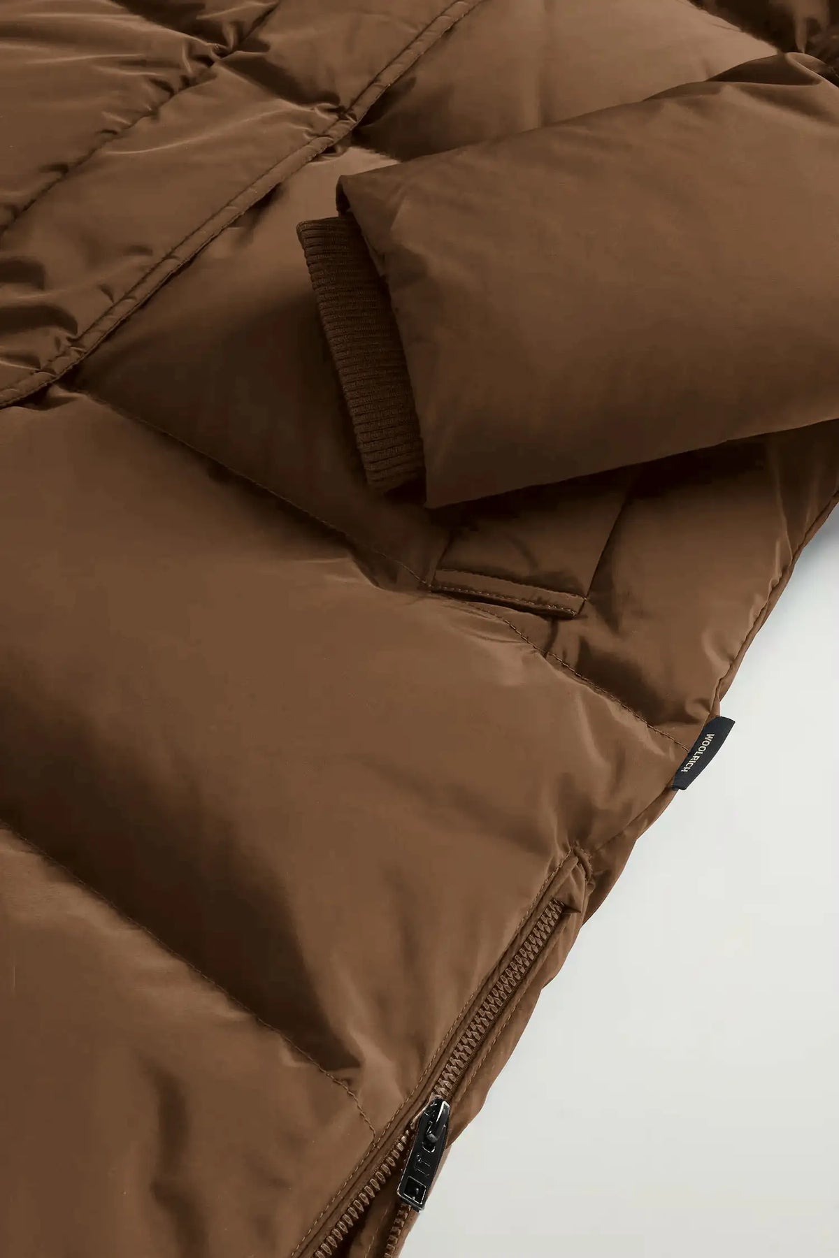 Kelly Jacket Dark Earth Coat by Woolrich, premium down filled coat in rich brown fabric.