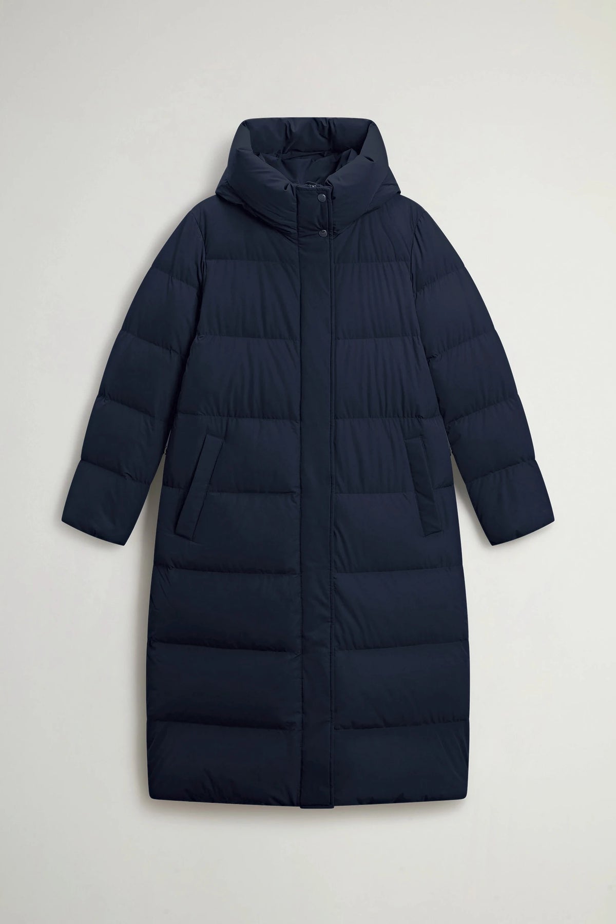 Madison Long Coat Melton Blue Coat by Woolrich, premium down filled and water repellent coat design.