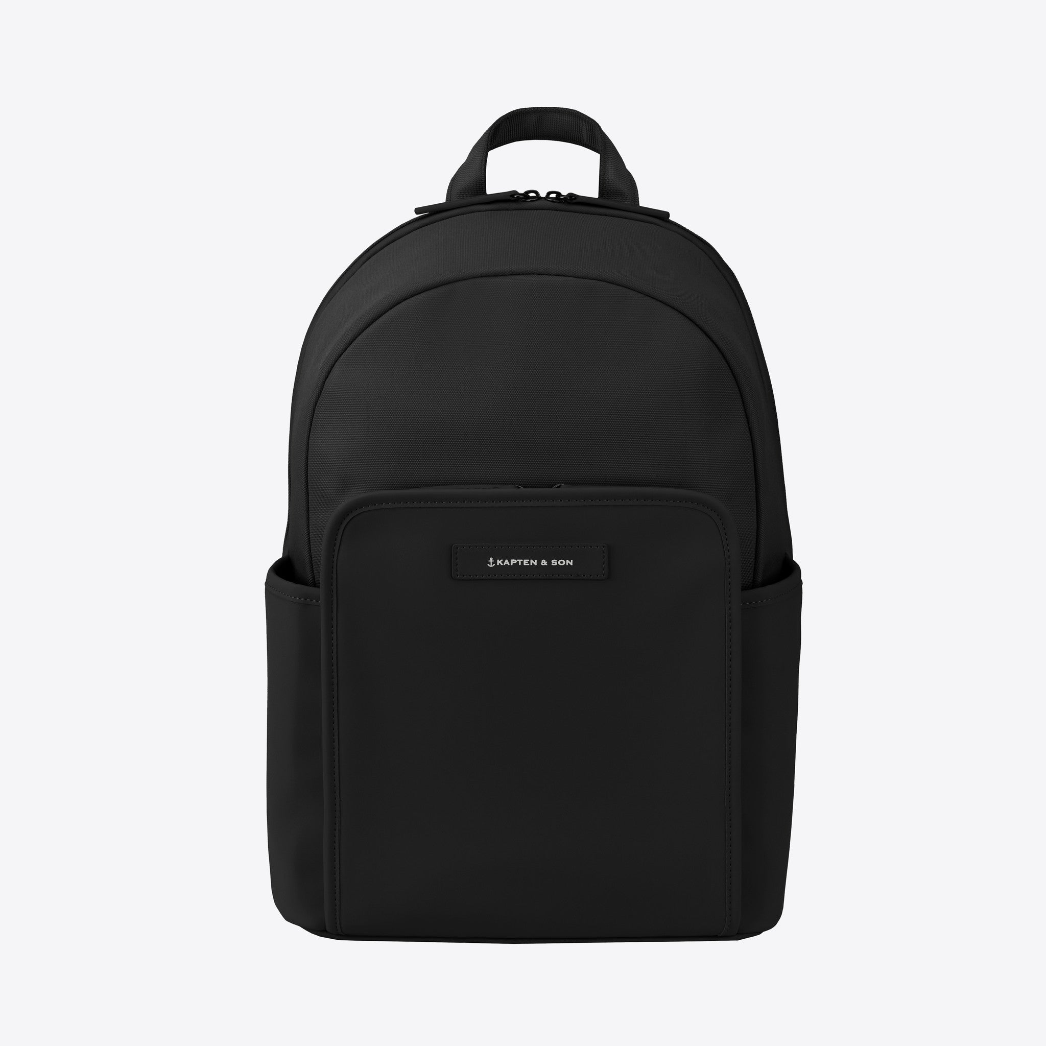 Aalborg All Black Backpack with minimalist design and multiple pockets for storage.