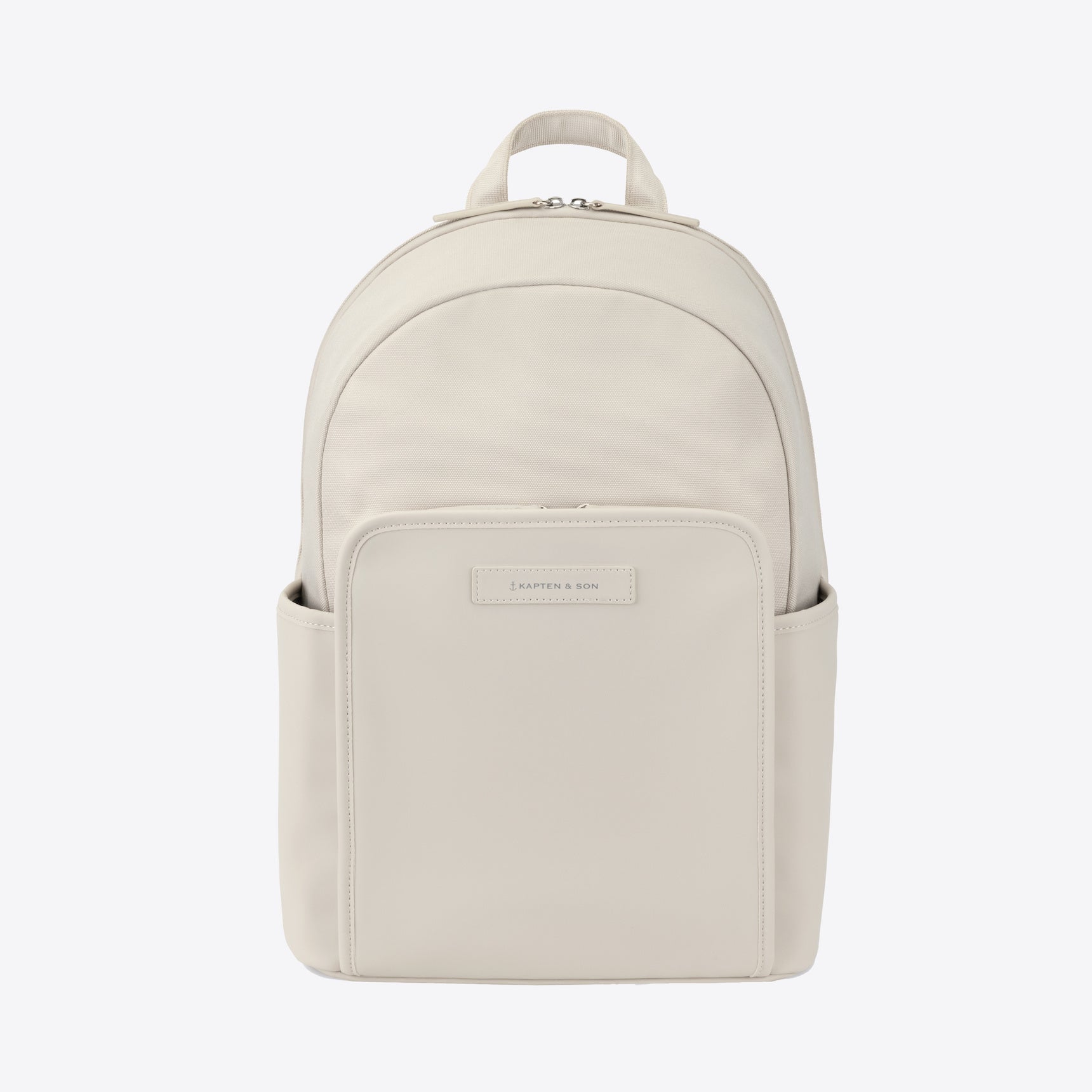 Aalborg Sandstone Backpack in beige color with front and side pockets, made from recycled materials.
