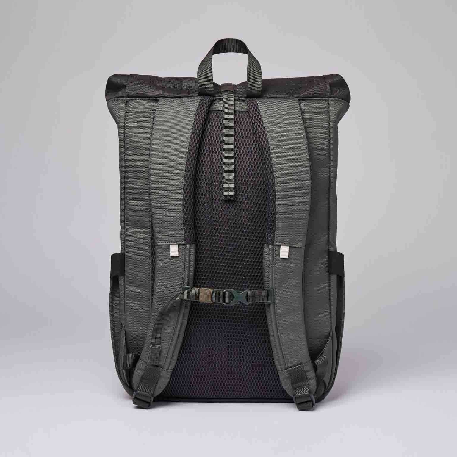 Arvid Multi Green Backpack with padded shoulder straps and roll-top closure.