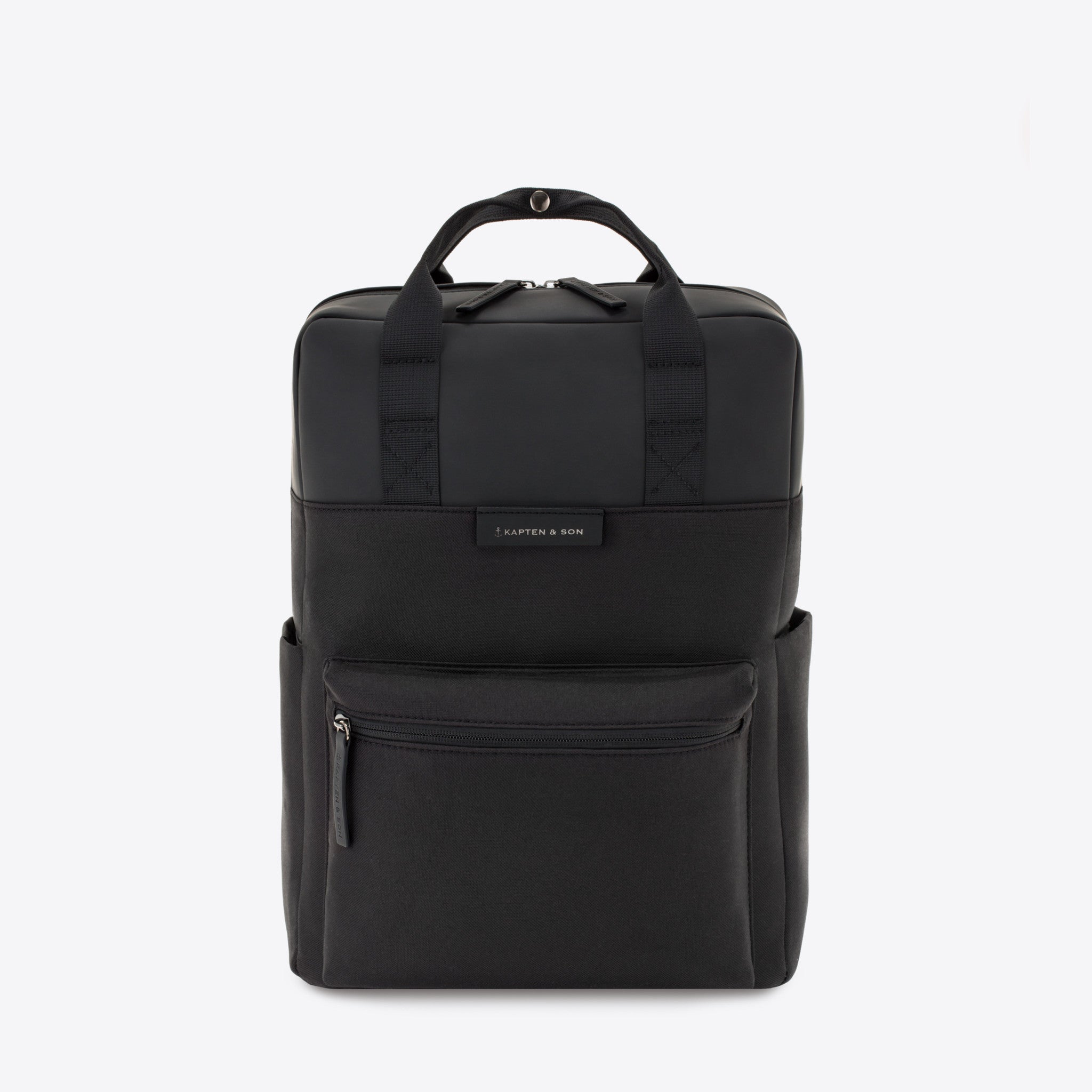Bergen All Black Backpack with zipper pocket, minimalist design and water resistant material, ideal for daily use.