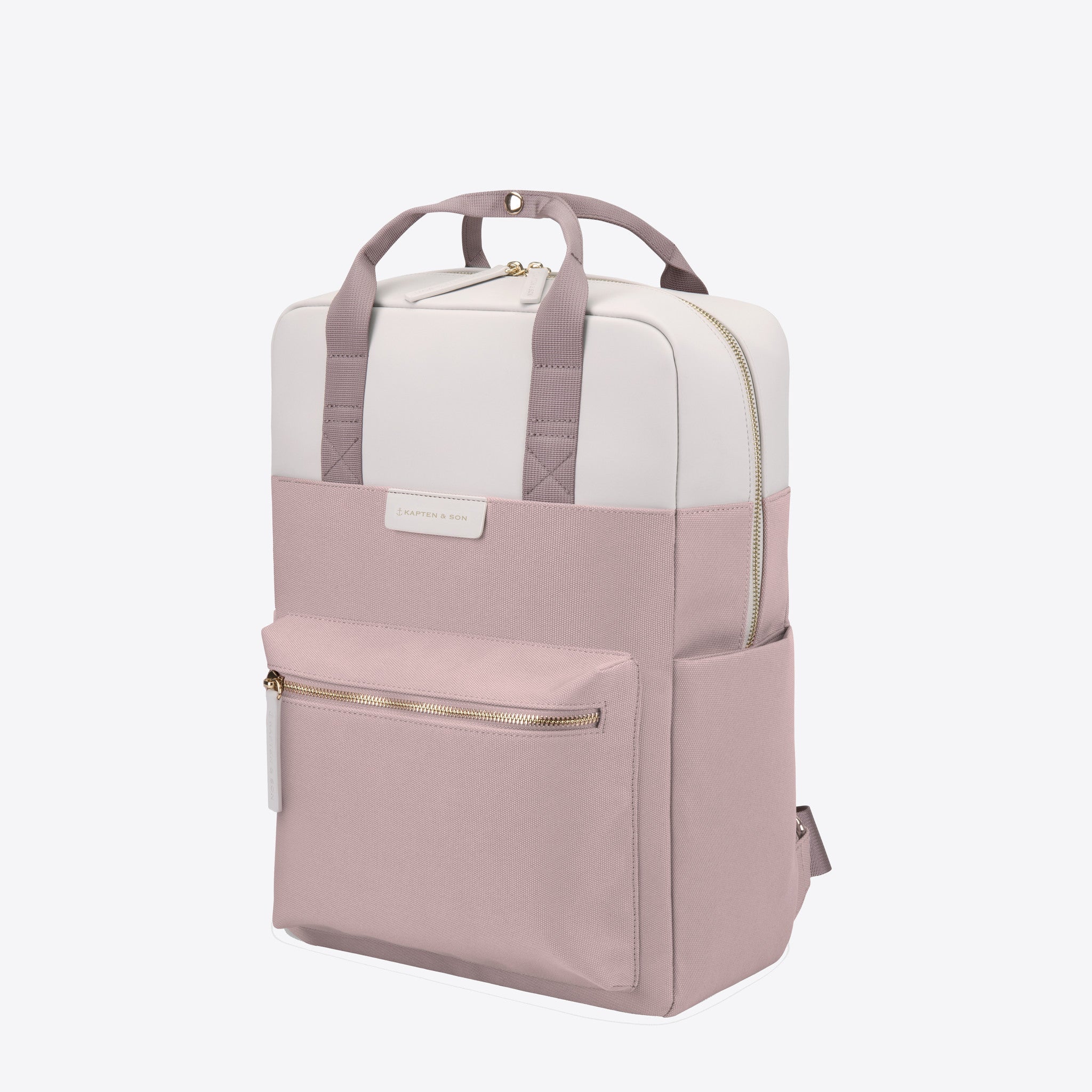 Bergen Dusty Rose Backpack in a minimalist design with multiple pockets and a tote option, ideal for 13-inch laptops.