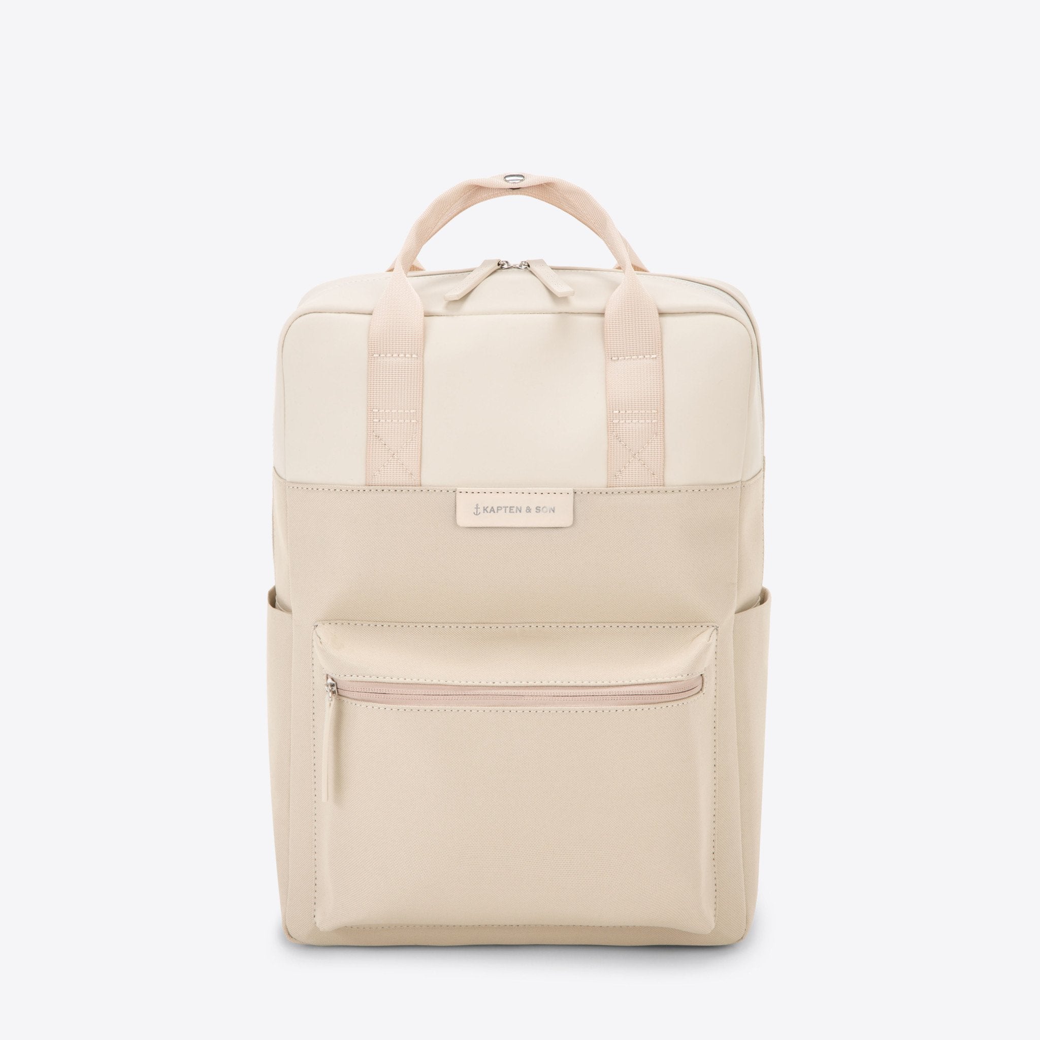 Bergen Sandstone Backpack in beige color, water-resistant, features multiple pockets and fits a 13 inch laptop.