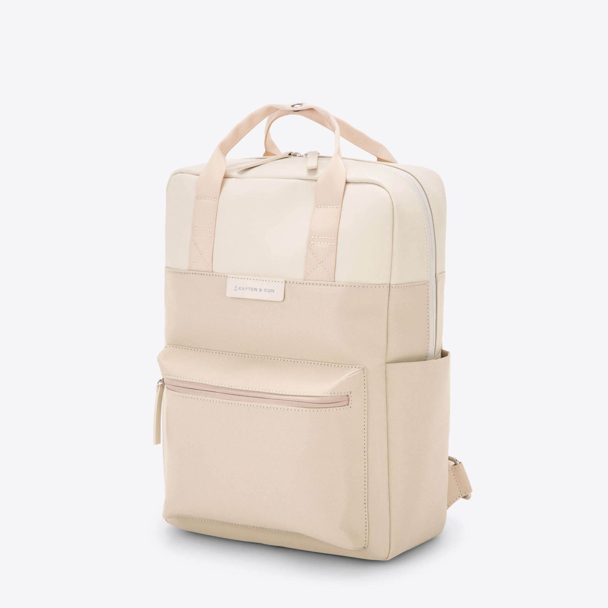 Bergen Sandstone Backpack in beige, water-resistant with outer pockets, suitable for 13 inch laptop.