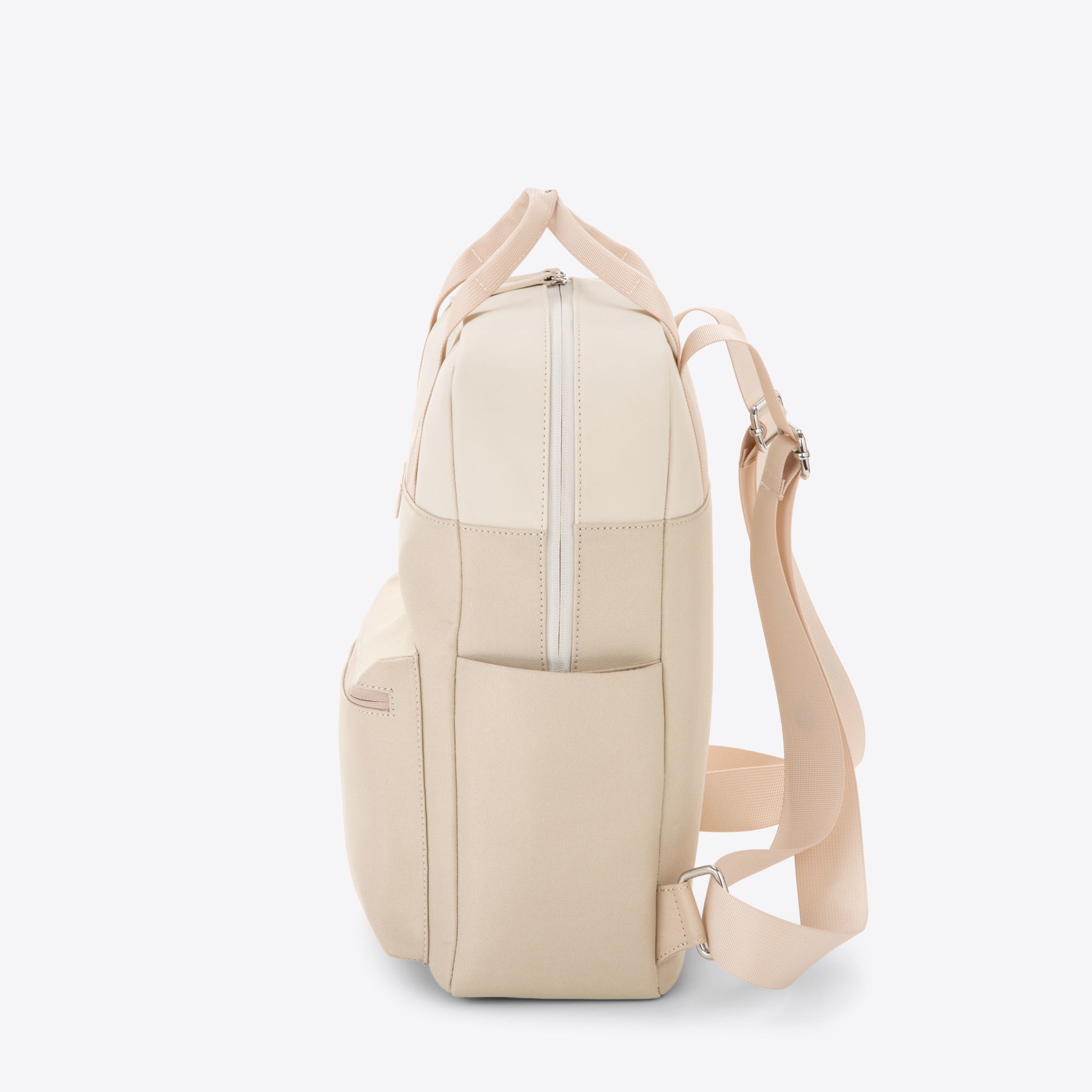 Bergen Sandstone Backpack side view showcasing water-resistant material and minimalist design.