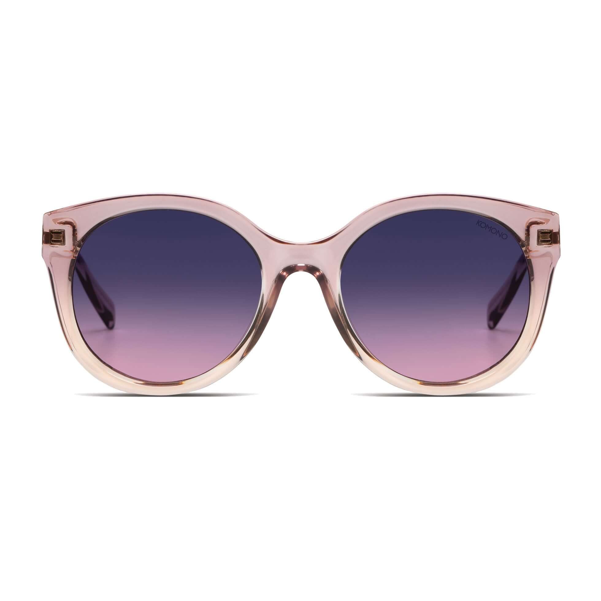 Ellis Metal Blush Rose Gold Sunglasses with dark blue to red gradient lenses and eco-friendly frame design.