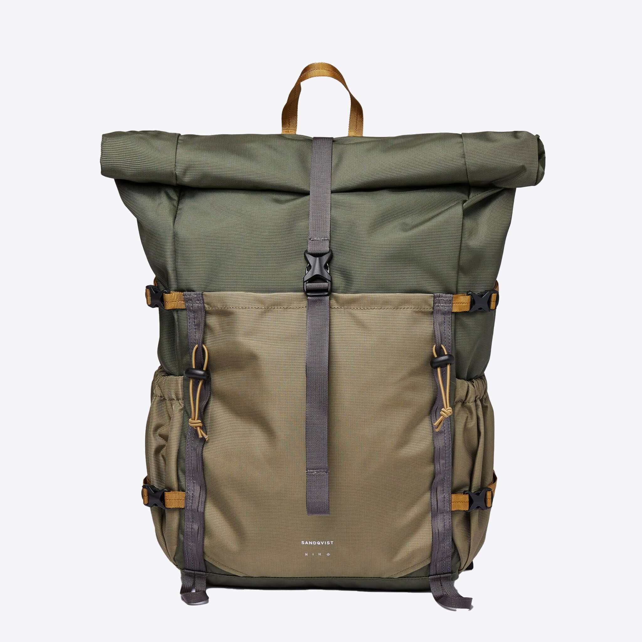 Forest Hike Trekk Green Backpack with water resistant roll-top closure and ergonomic back panel.