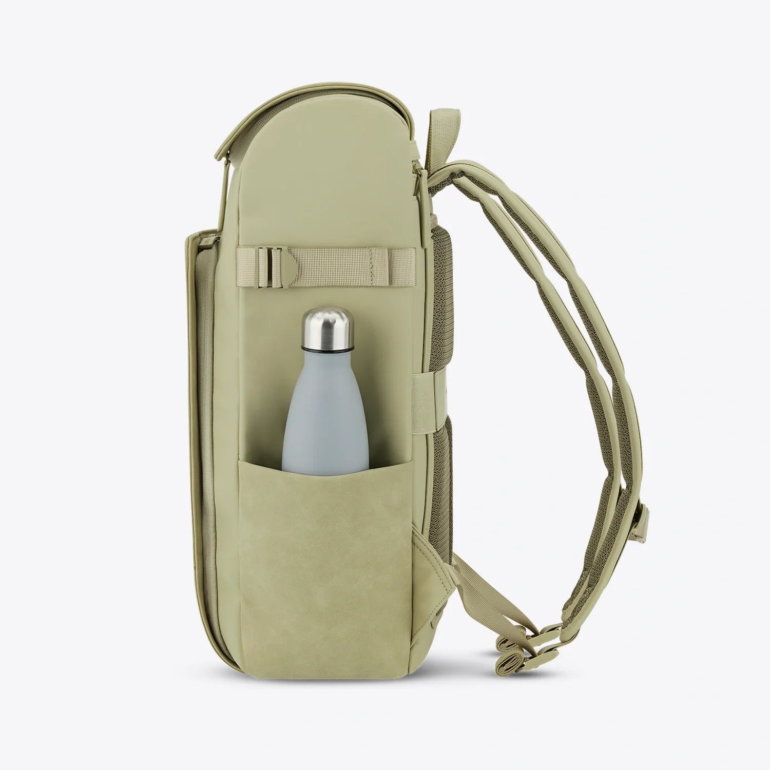 Bali Dusty Pistachio Backpack with water bottle in side pocket, showcasing ergonomic design and water-repellent features.