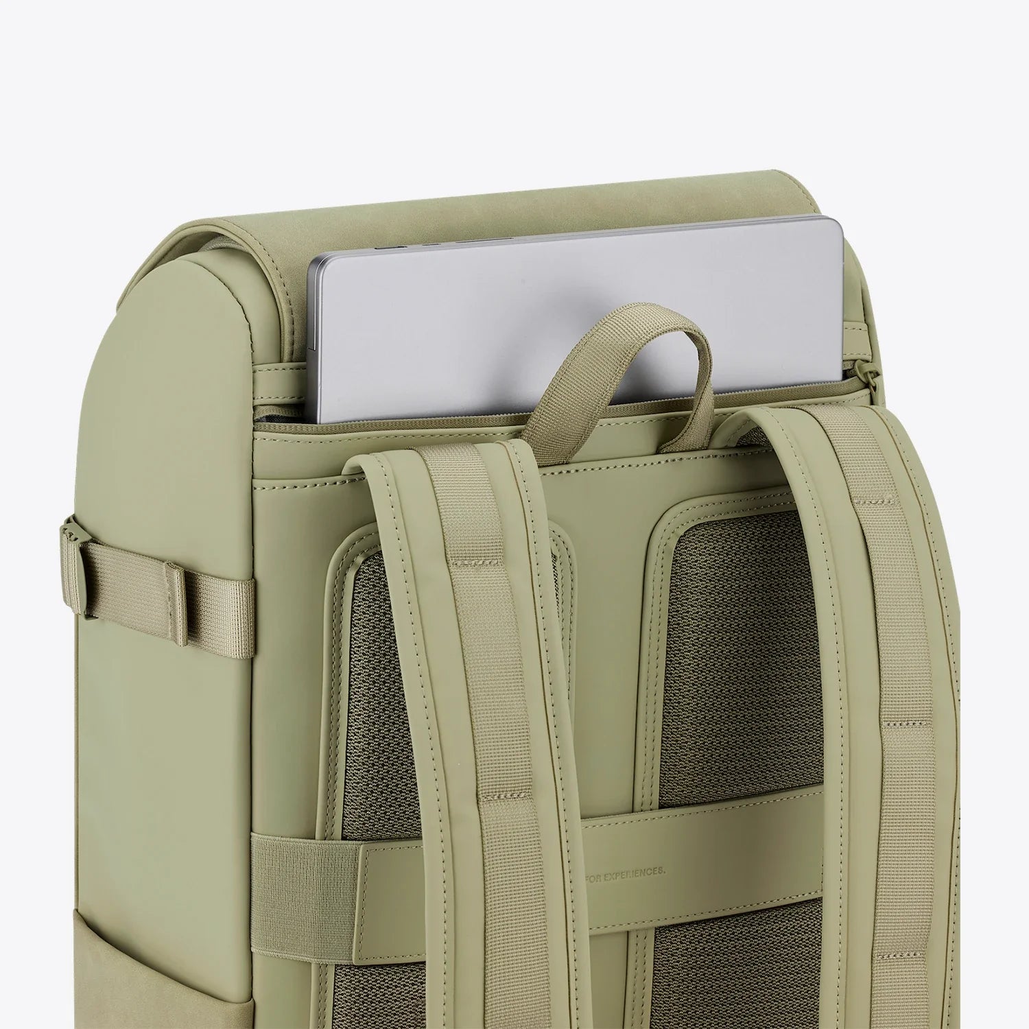Bali Dusty Pistachio Backpack showing padded laptop pocket and ergonomic shoulder straps.
