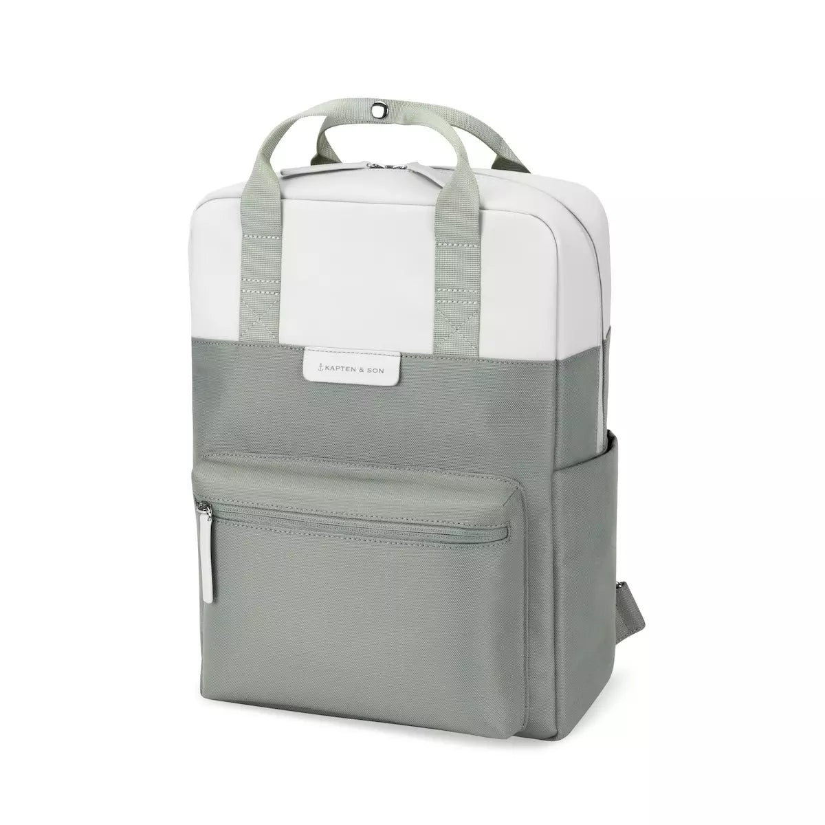 Bergen Muted Sage Backpack with minimalist design and water-resistant materials, featuring multiple pockets and laptop capacity.