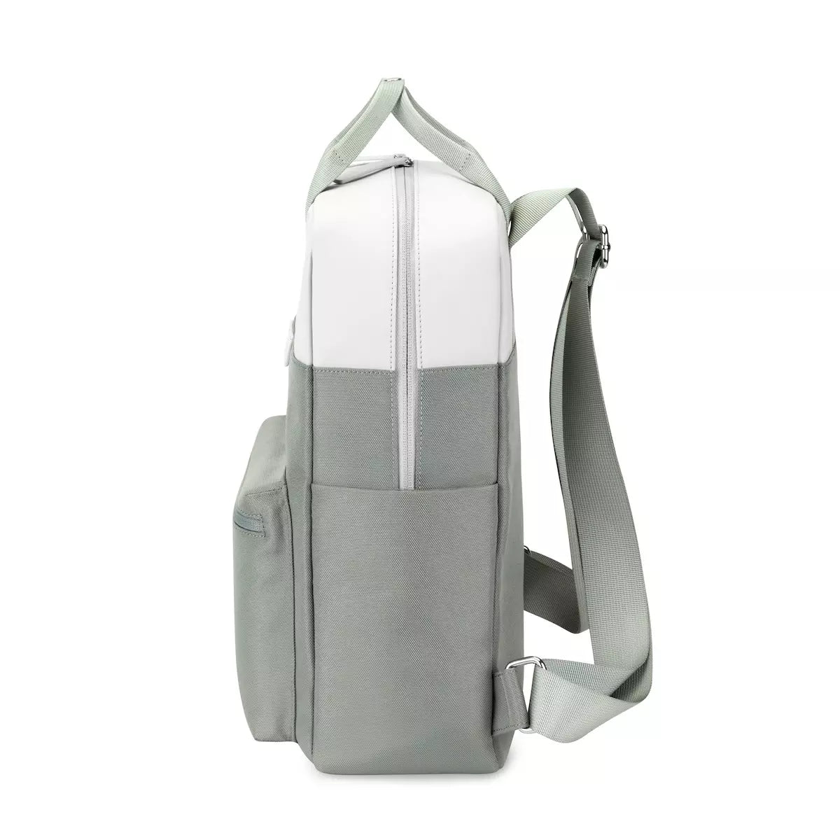 Bergen Muted Sage Backpack side view showcasing minimalist design, water-resistant material, and adjustable strap.