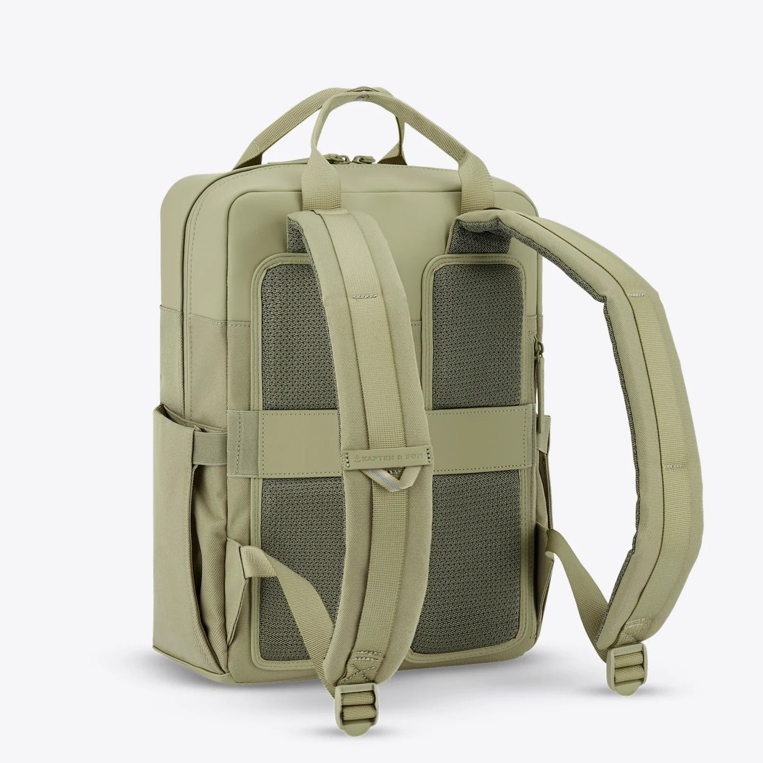 Bergen Pro Dusty Pistachio Backpack showcasing its padded shoulder straps and water resistant design.