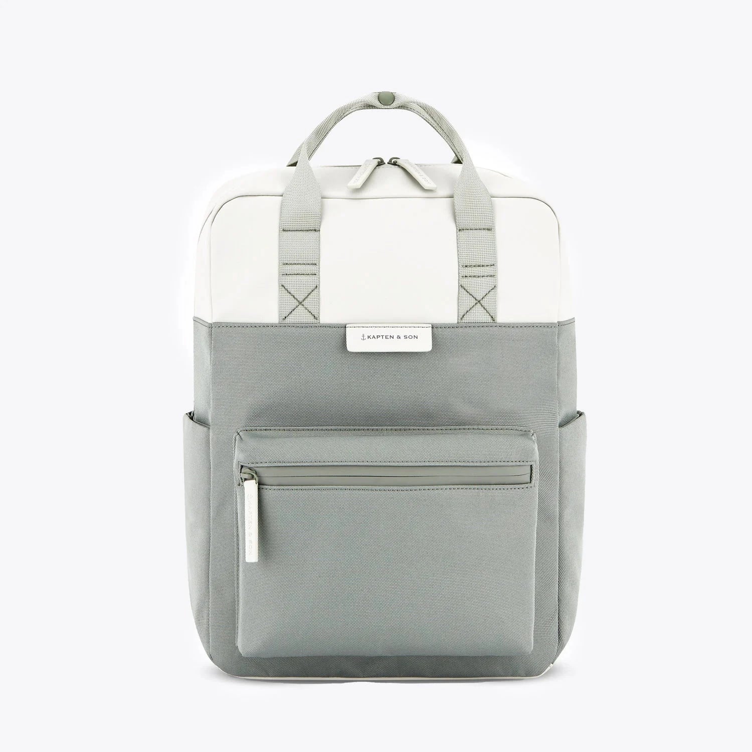 Bergen Pro Muted Sage Backpack with multiple pockets and padded straps, designed from recycled materials.