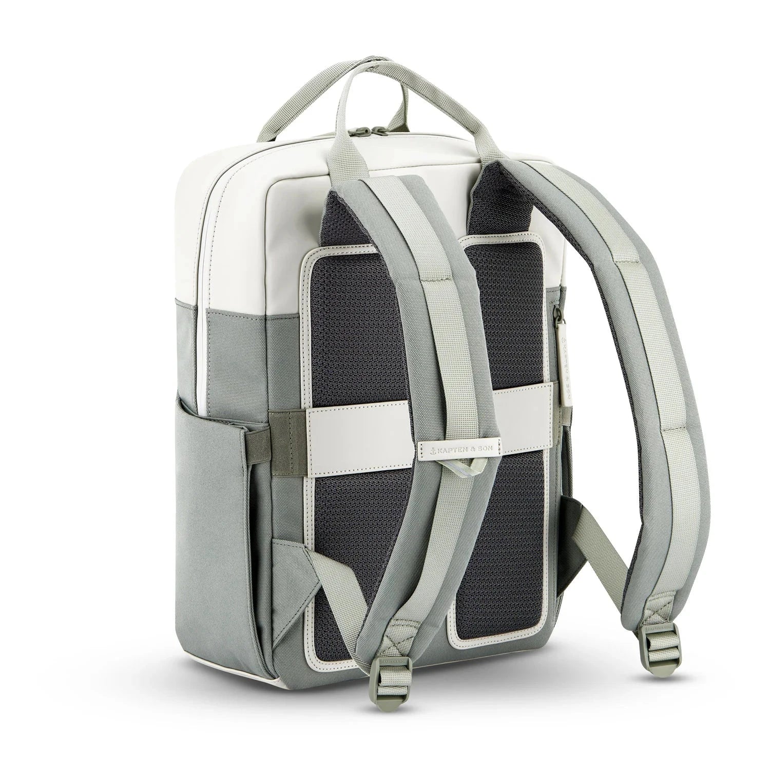 Bergen Pro Muted Sage Backpack with padded straps and pockets, made from recycled materials.