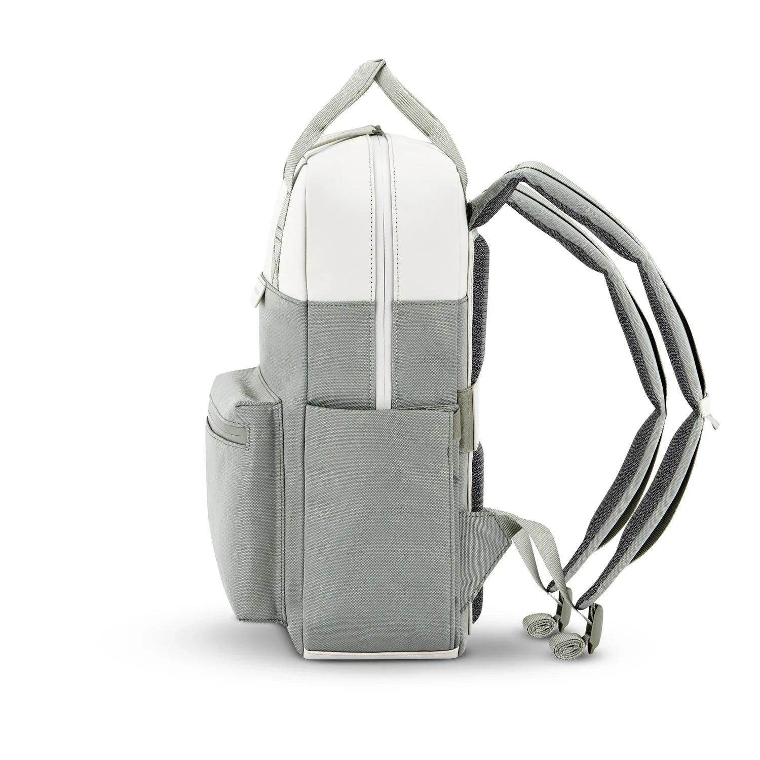 Bergen Pro Muted Sage Backpack side view showcasing water resistant material and padded straps.
