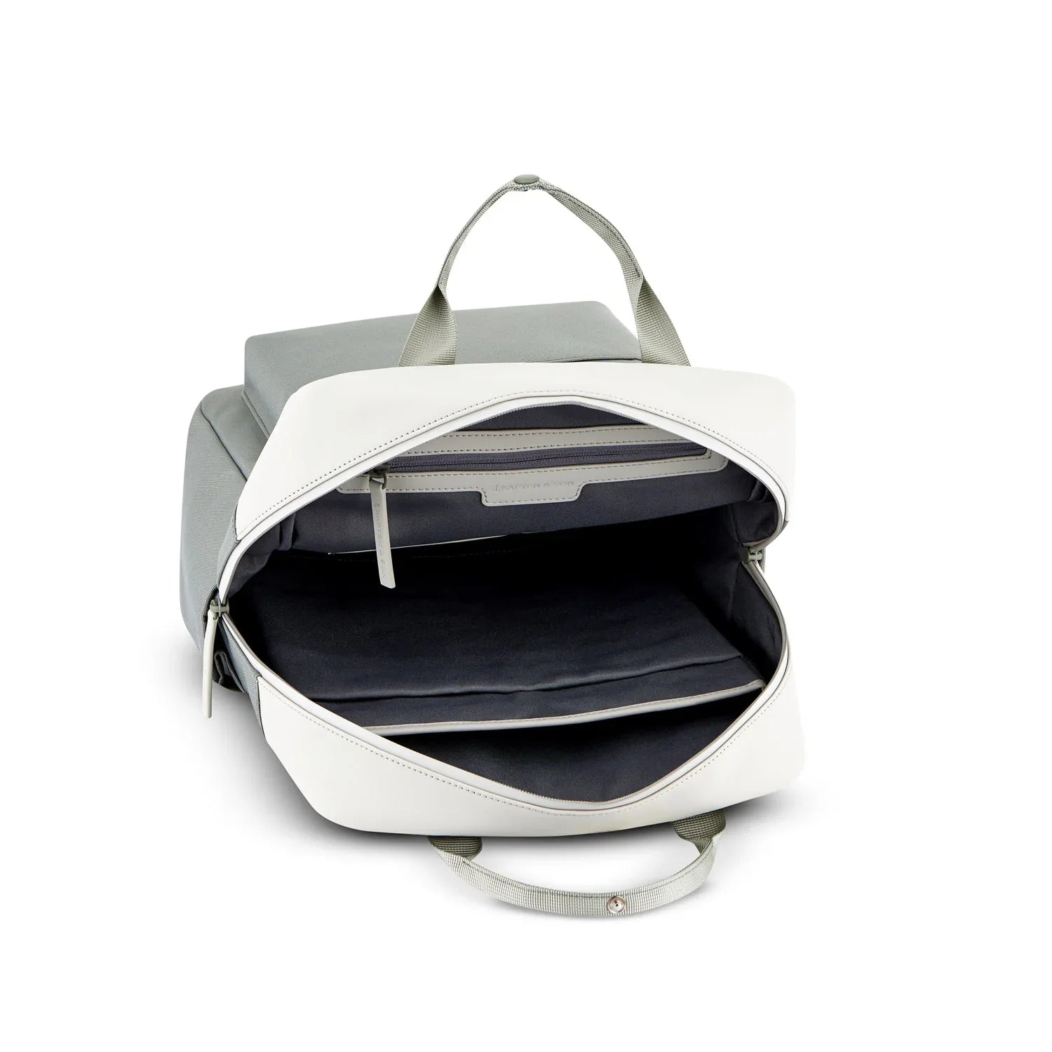 Interior view of the Bergen Pro Muted Sage Backpack showcasing pockets and padded compartments.