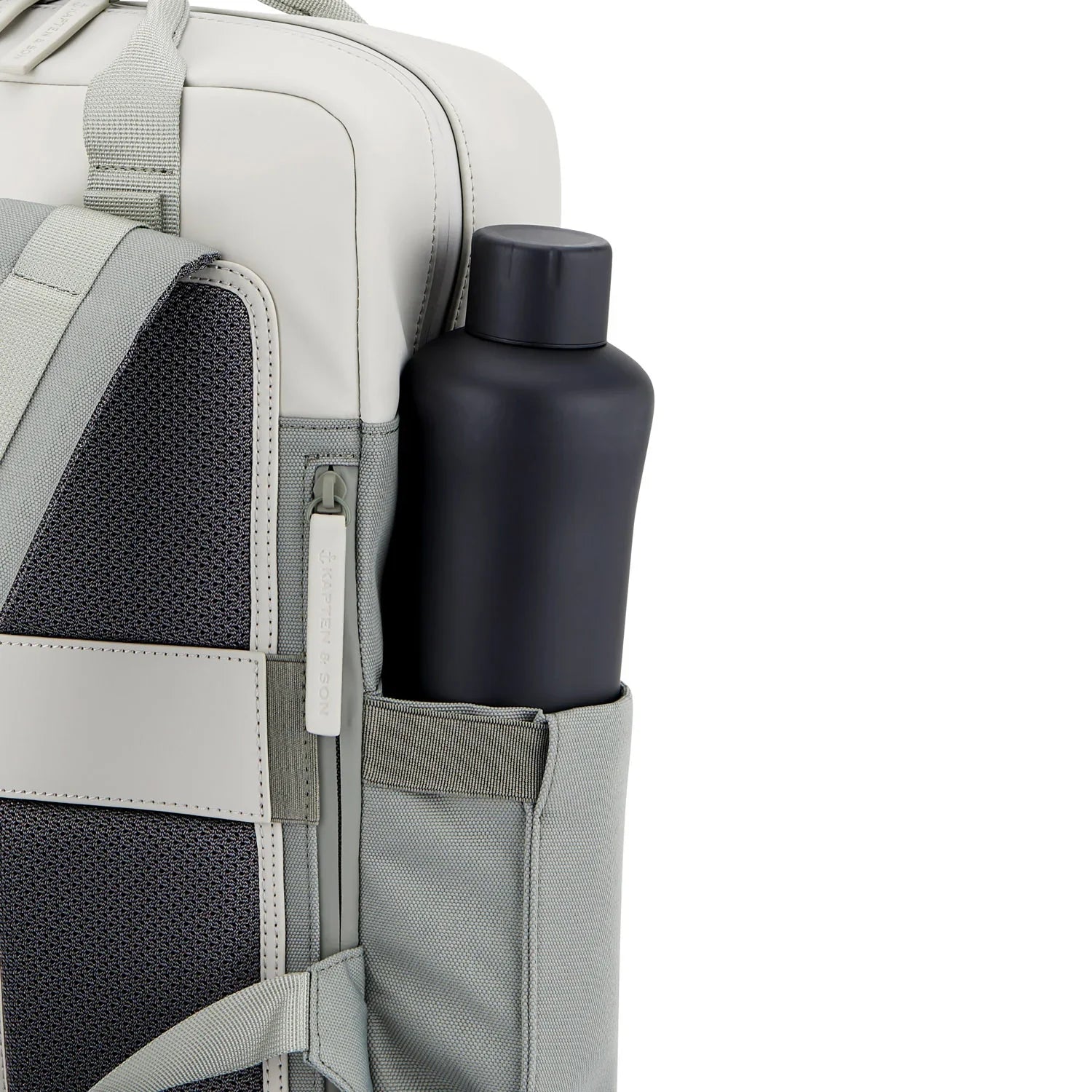 Bergen Pro Muted Sage Backpack with water bottle in outer pocket, sleek design and eco-friendly materials.