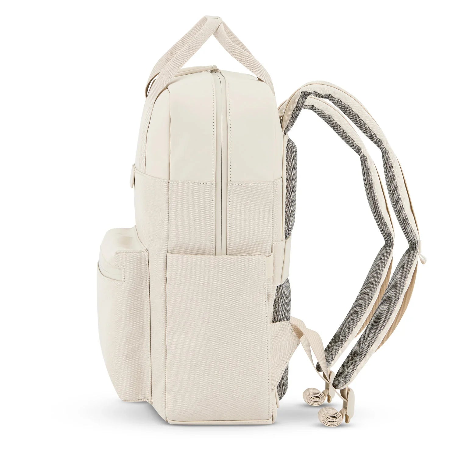 Bergen Pro Sandstone Backpack side view showcasing its water resistant design and padded shoulder straps.