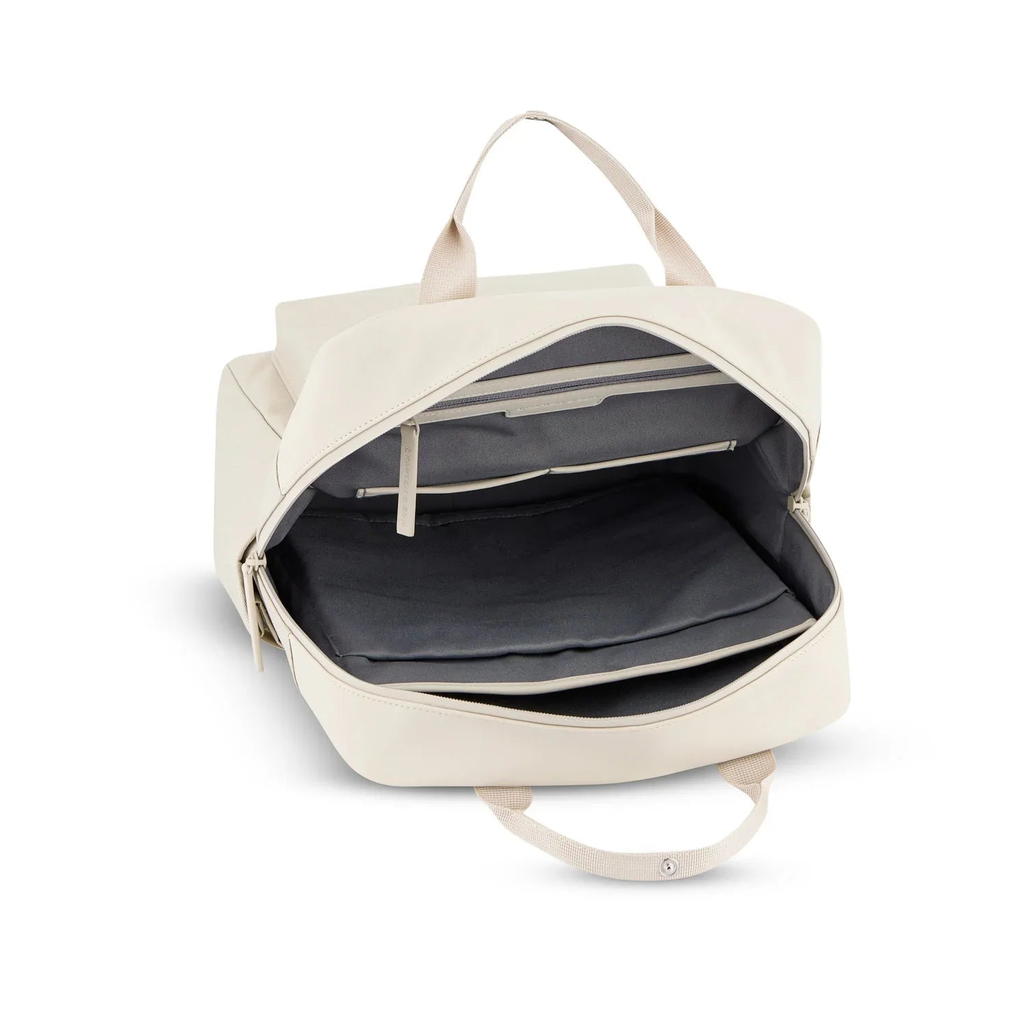 Bergen Pro Sandstone Backpack interior showing spacious compartments and padded laptop section.