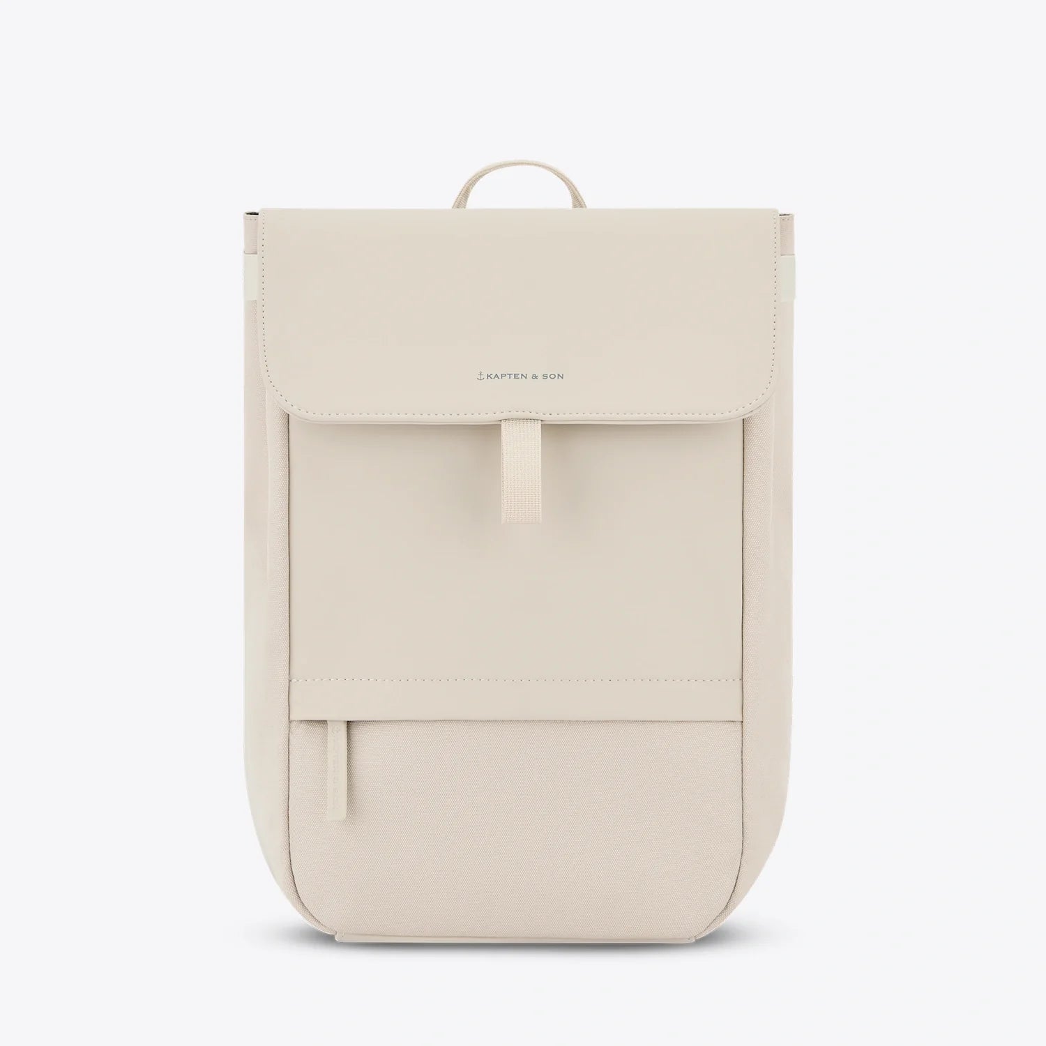 Fyn Sandstone Backpack with minimalist design, 2 outer pockets, waterproof material, and anti-theft features.