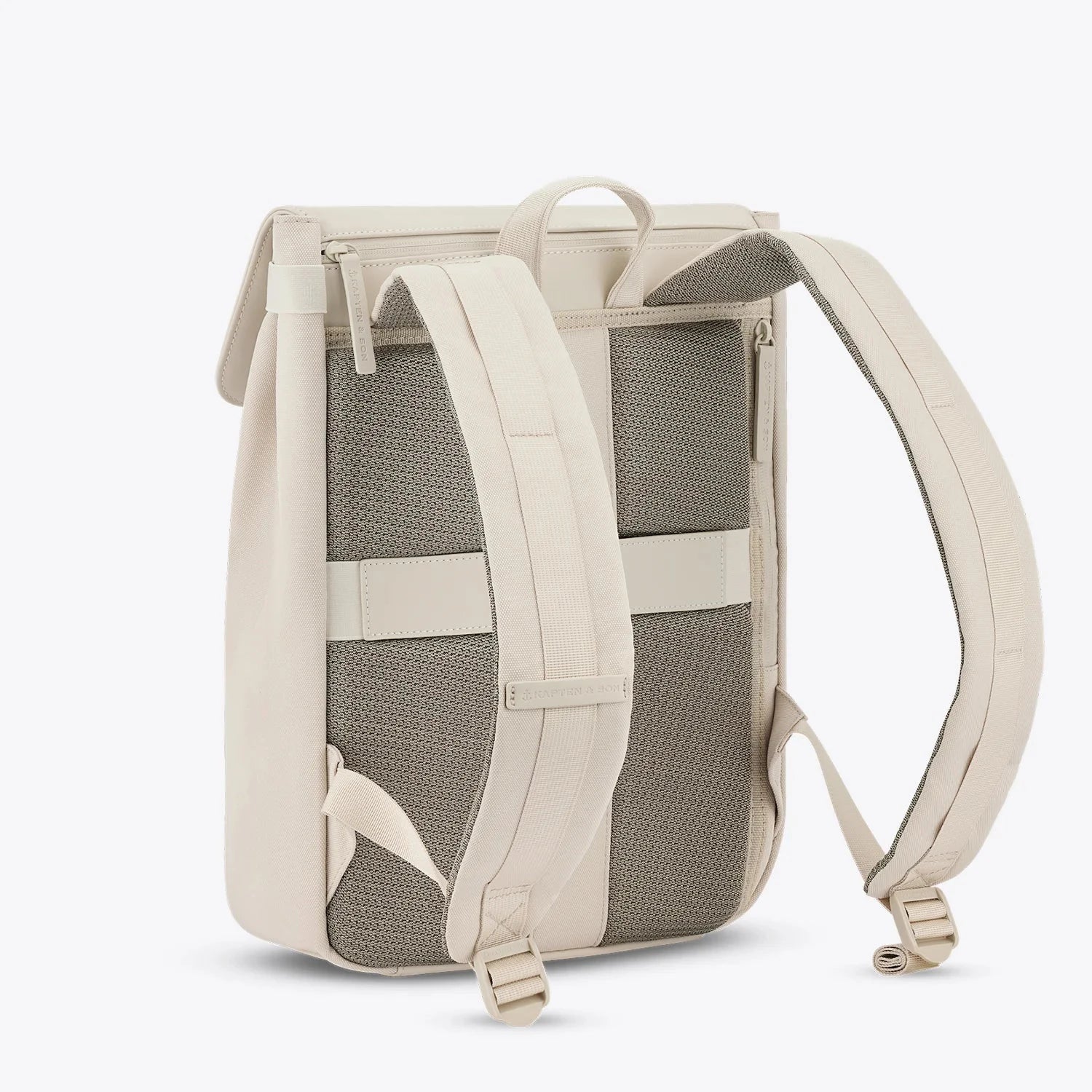 Fyn Sandstone Backpack with minimalist design, anti-theft pocket, and padded straps in a stylish beige color.