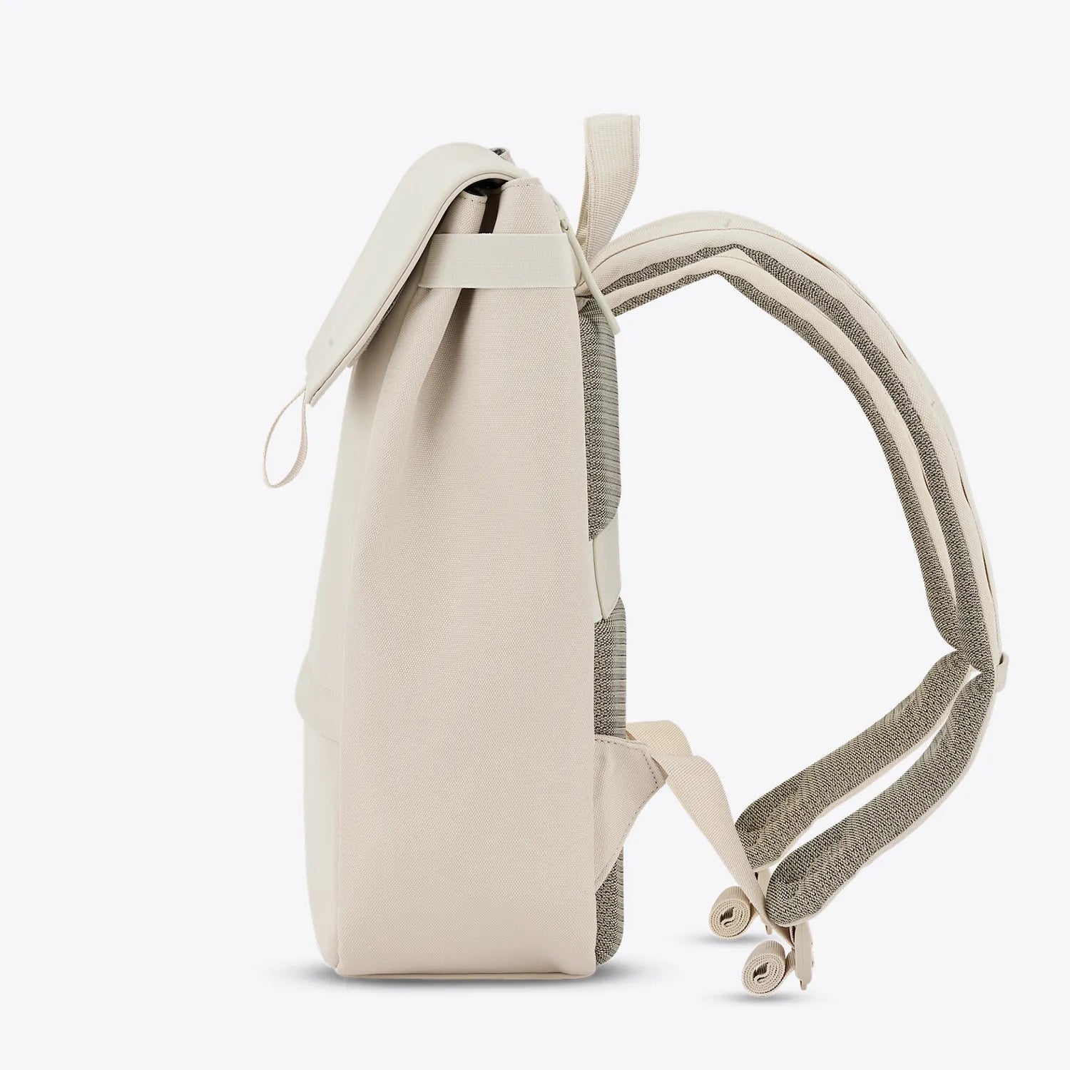 Fyn Sandstone Backpack side view showcasing minimalist design and waterproof vegan tech material