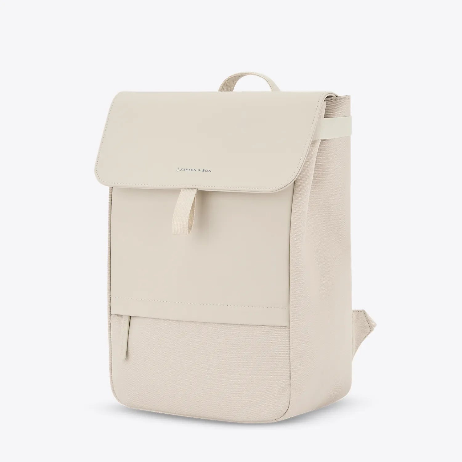 Fyn Sandstone Backpack in minimalist design with outer and inner pockets, waterproof vegan tech material.