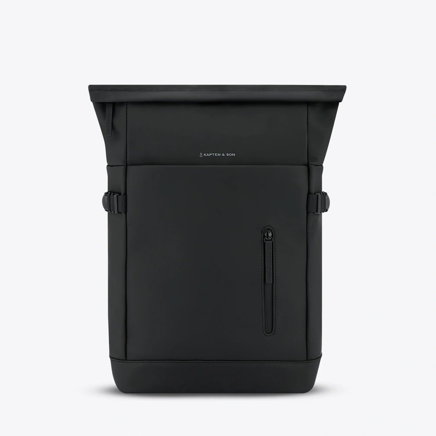 Helsinki All Black Backpack featuring water resistant vegan tech material and adjustable padded straps.