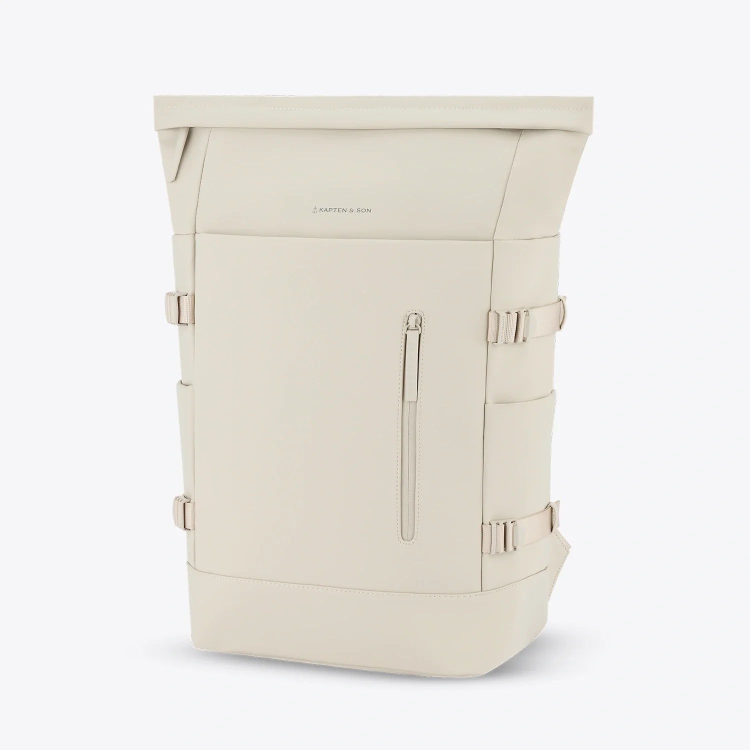 Helsinki Pro Sandstone Backpack in cream color showcasing its sleek design and functional outer pockets.