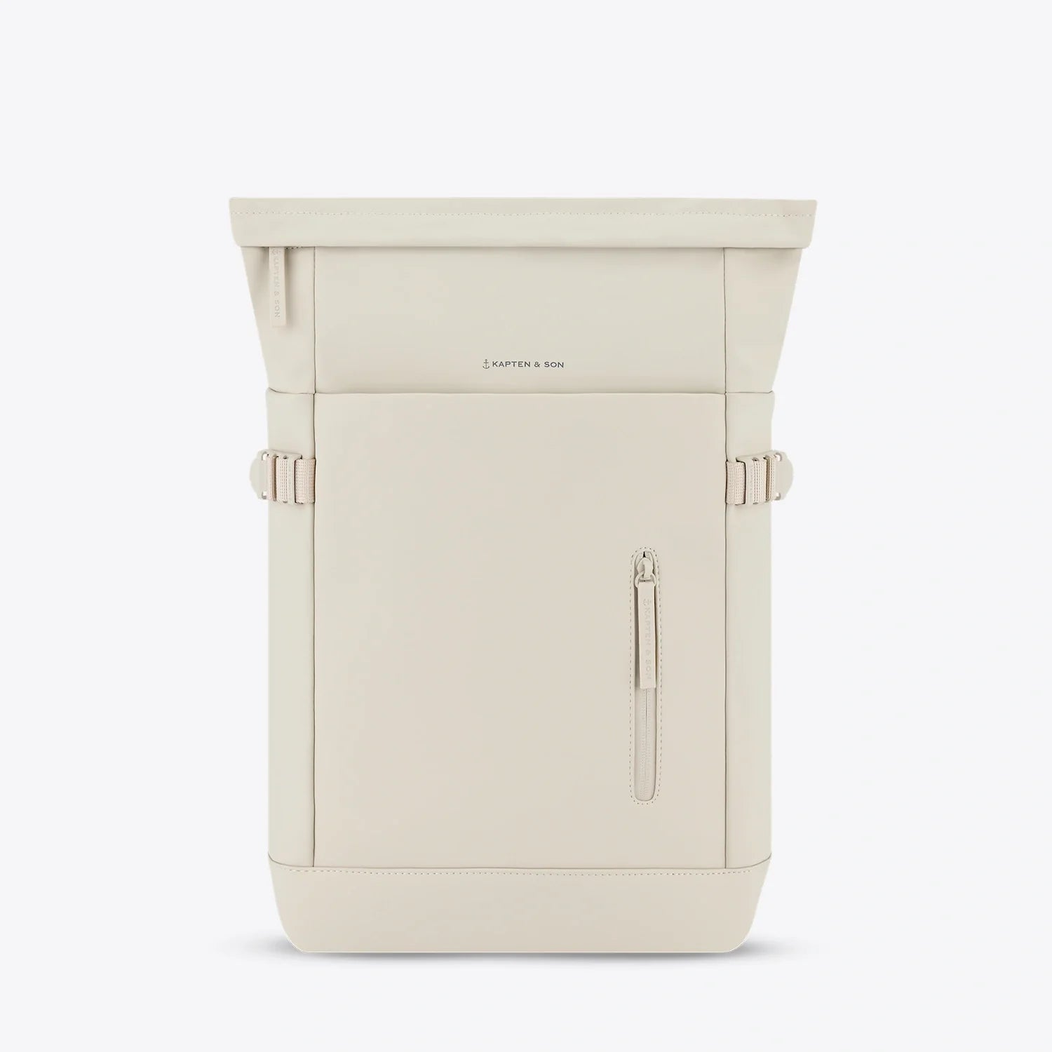 Helsinki Sandstone Backpack in beige color with roll-top design and adjustable straps.