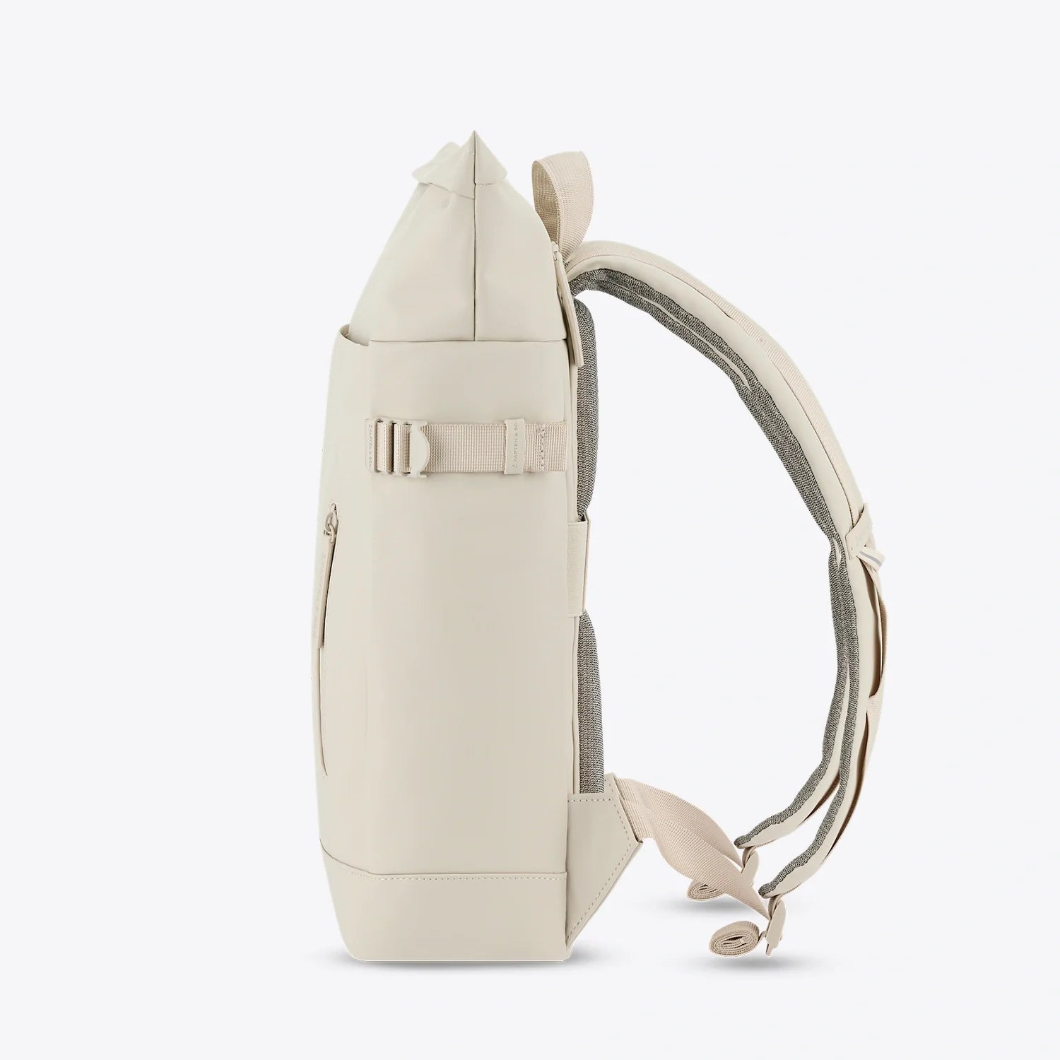 Side view of Helsinki Sandstone Backpack showcasing adjustable padded shoulder straps and sleek design.