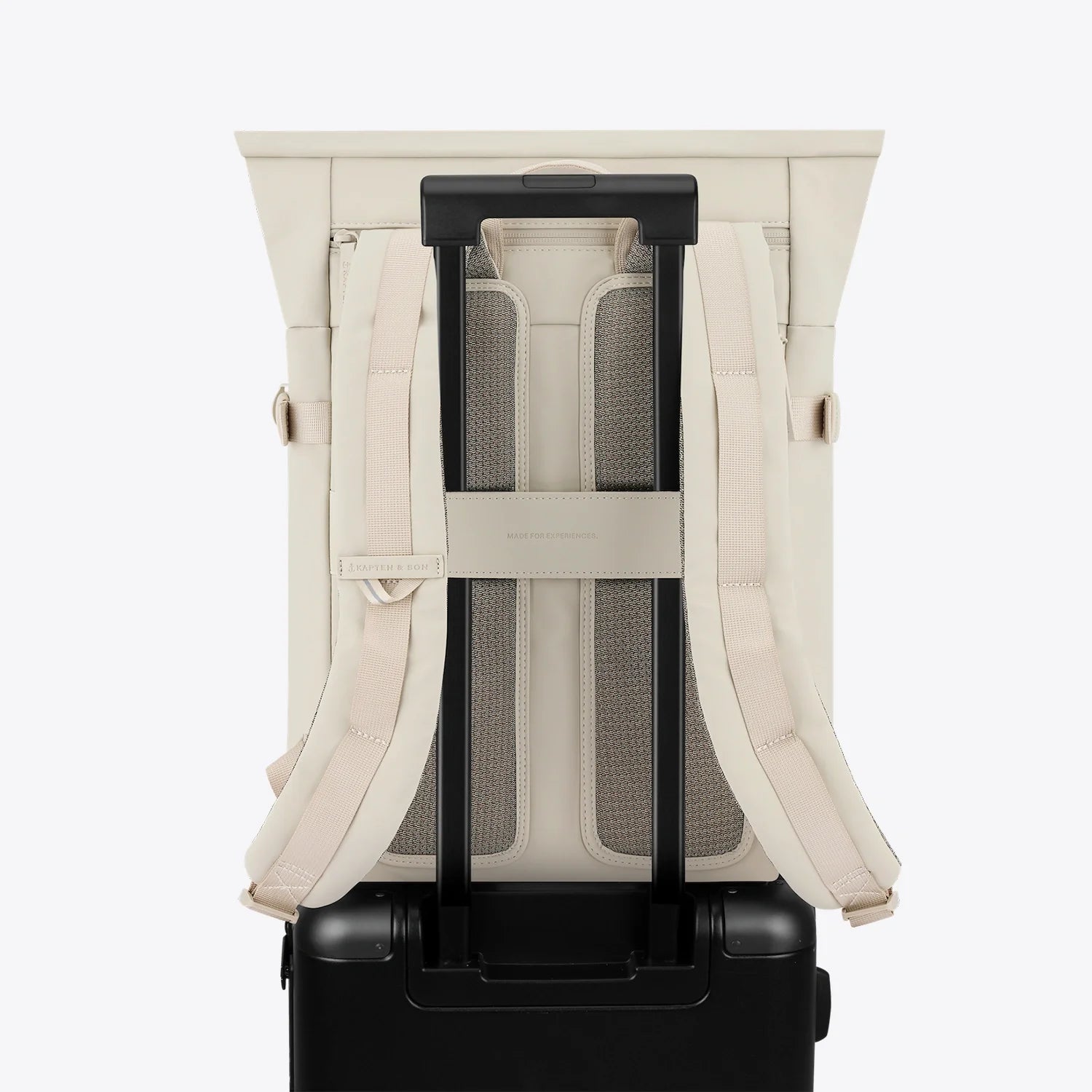 Helsinki Sandstone Backpack showing adjustable padded shoulder straps and suitcase attachment.
