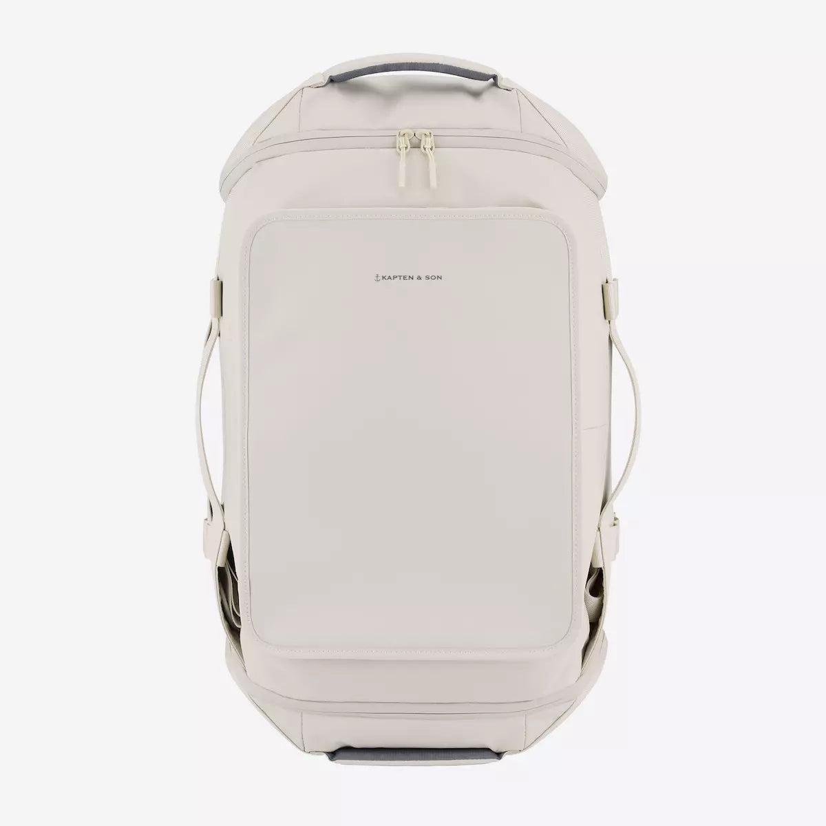 Lisbon Duffle Backpack Sandstone Backpack in beige color with padded straps and water-repellent material.