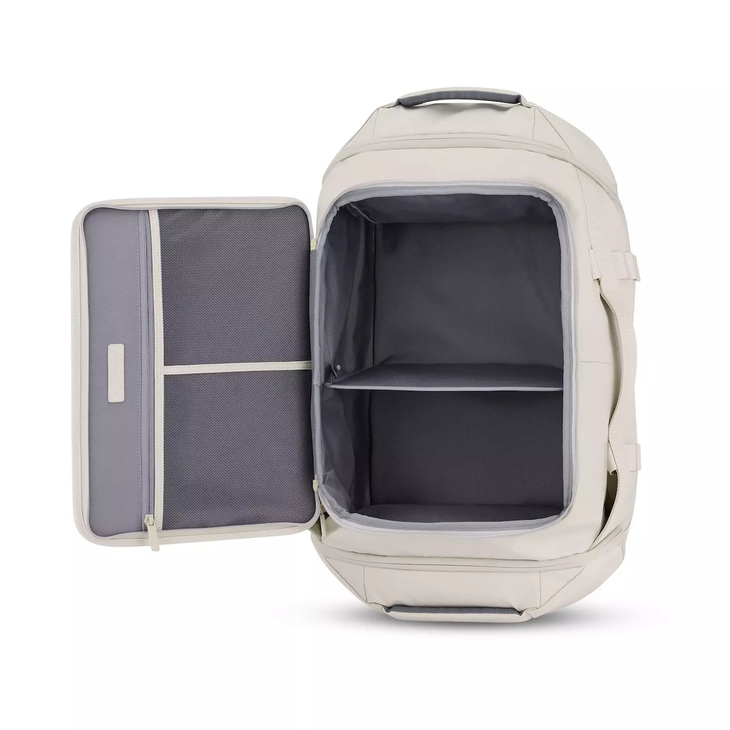 Lisbon Duffle Backpack Sandstone Backpack open interior with compartments and pockets for organization