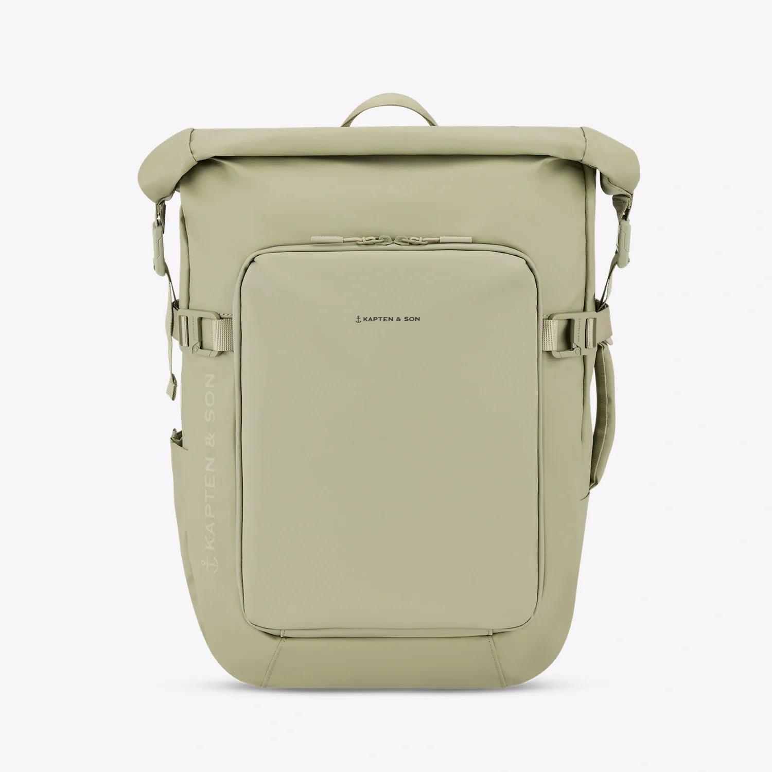 Lisbon Dusty Pistachio Backpack with roll-top access and padded straps, made from recycled materials.