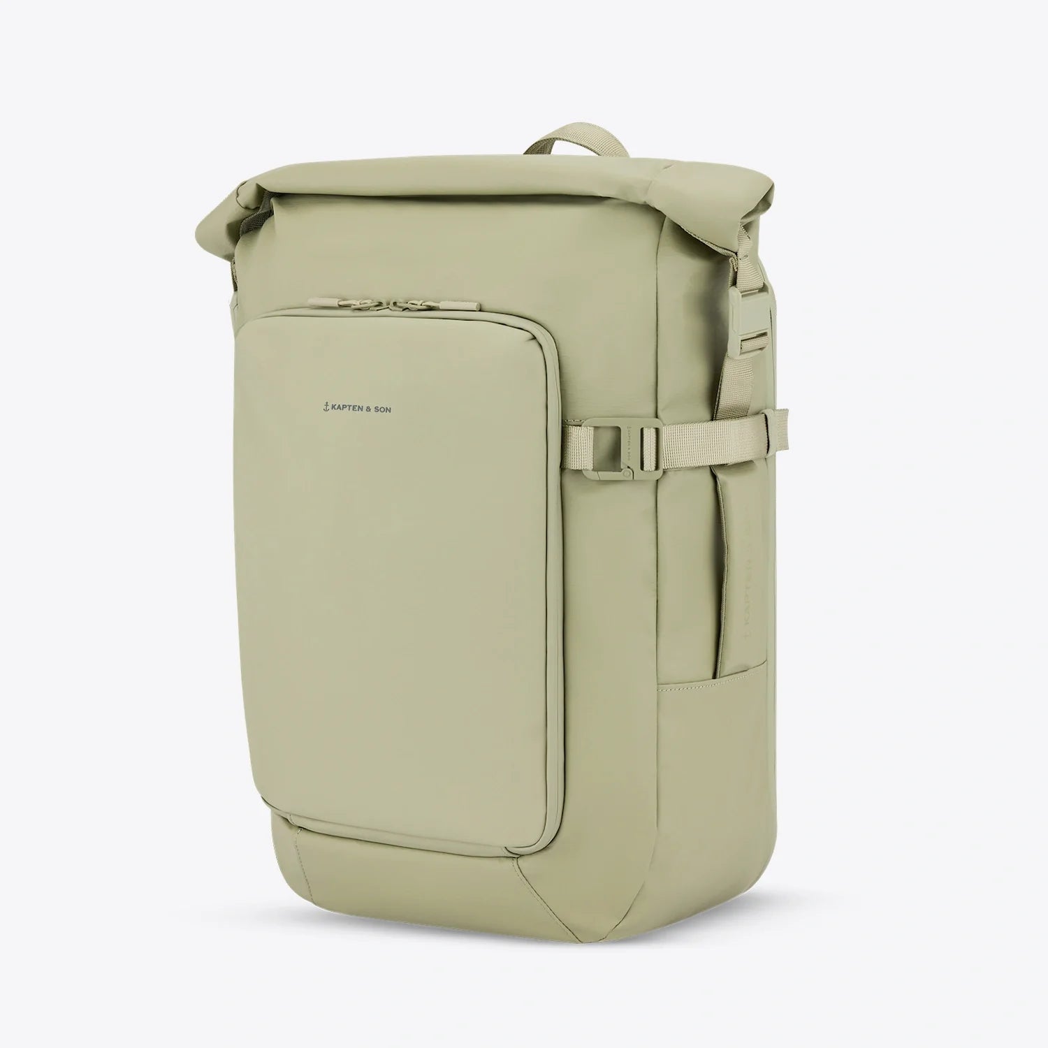 Lisbon Dusty Pistachio Backpack in a minimalist design with eco-friendly features and roll-top access.