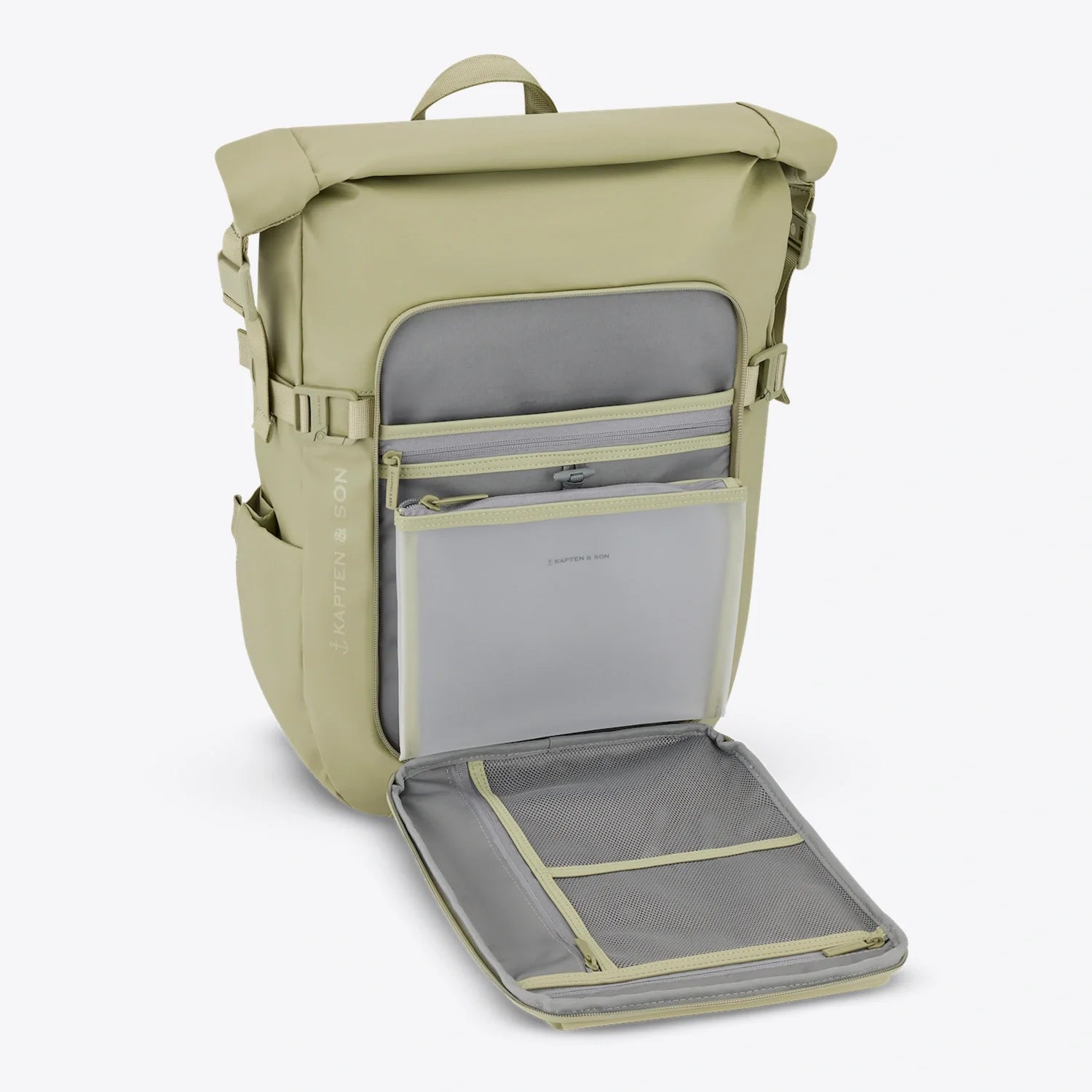 Lisbon Dusty Pistachio Backpack featuring a roll-top design and multiple compartments for easy organization.