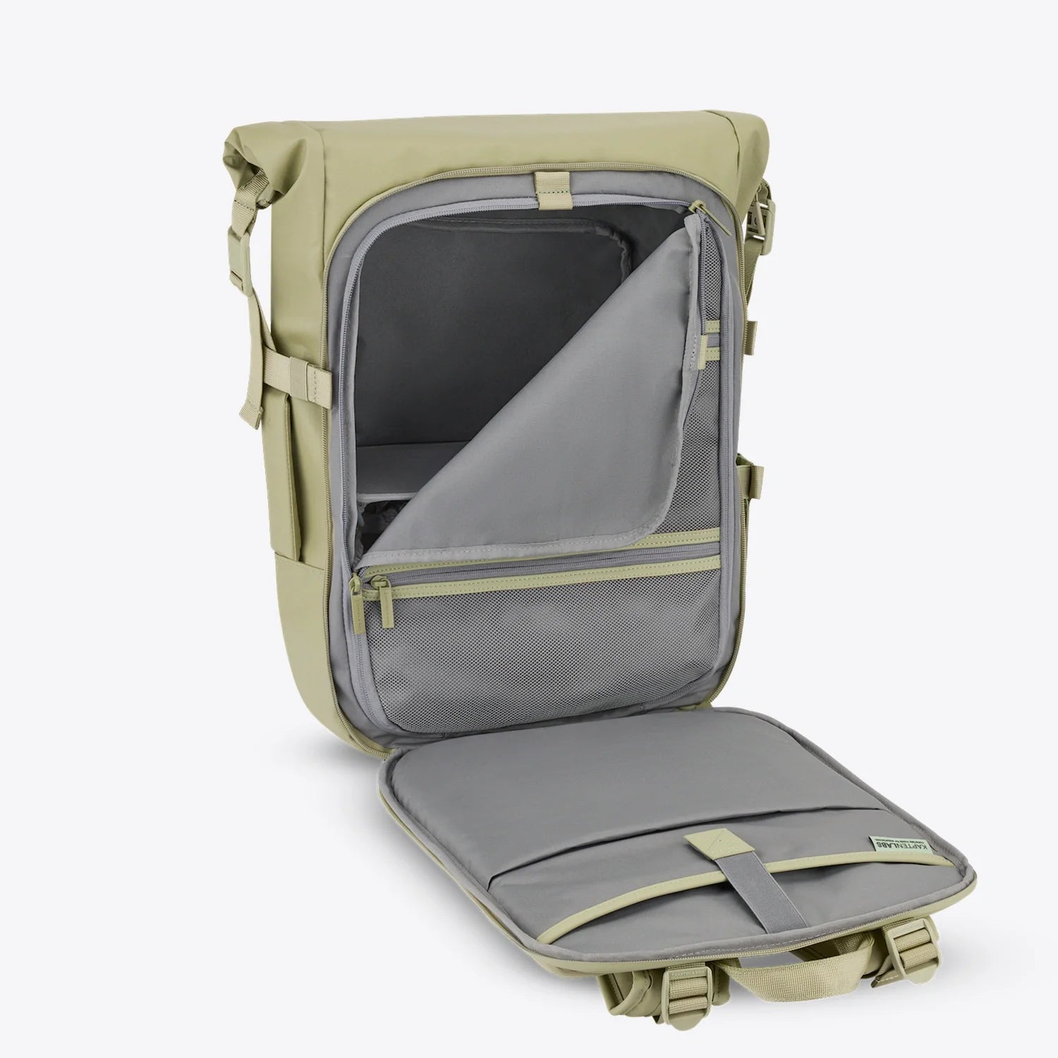 Lisbon Dusty Pistachio Backpack interior showing padded compartment and anti-theft pocket.