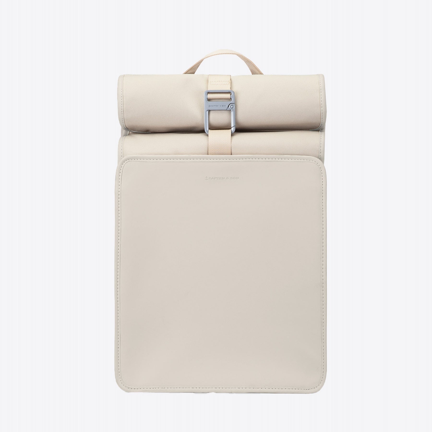 Lund Pro Sandstone Backpack in light beige color with roll-top design and ergonomic straps.