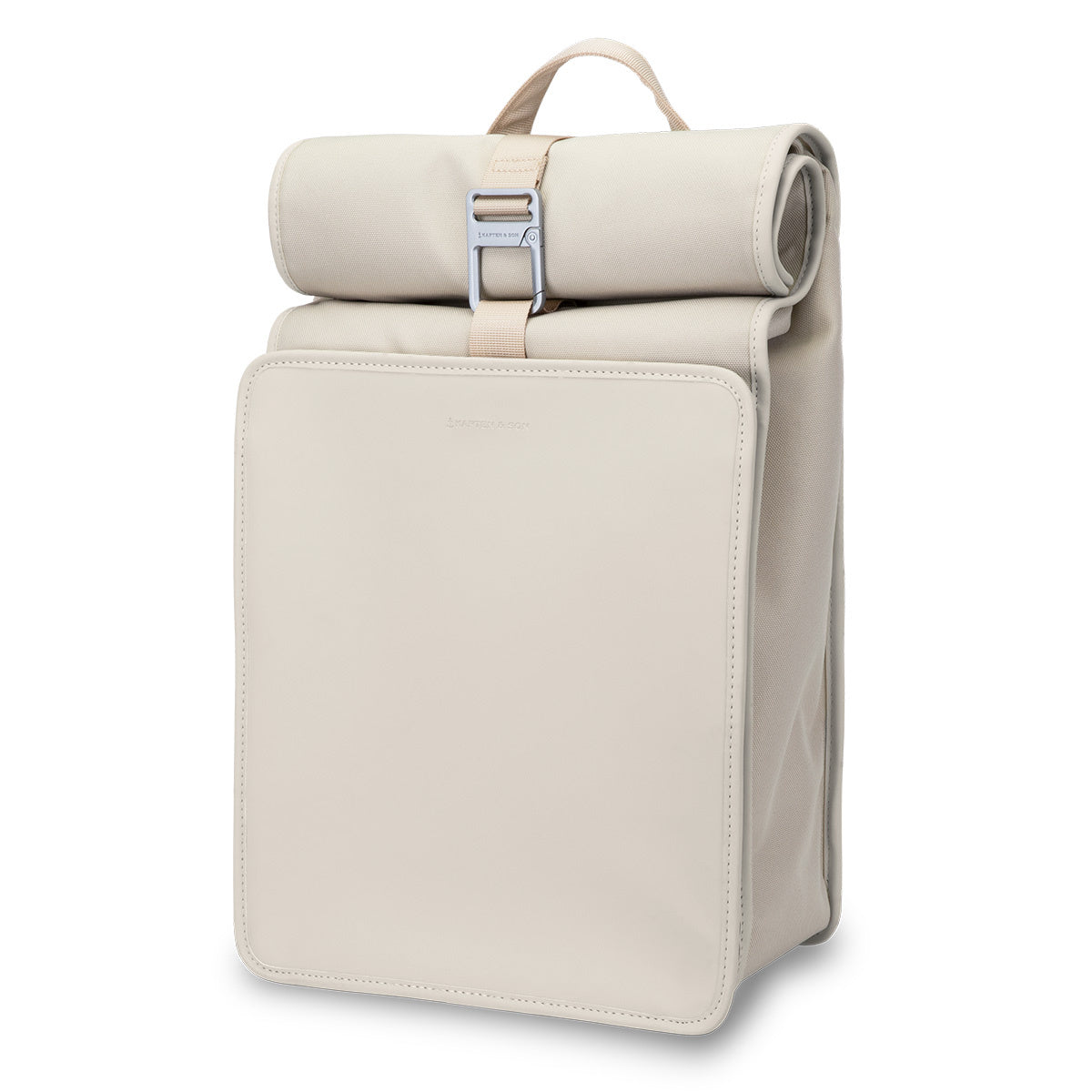 Lund Pro Sandstone Backpack with roll-top access and padded straps, made from recycled materials.