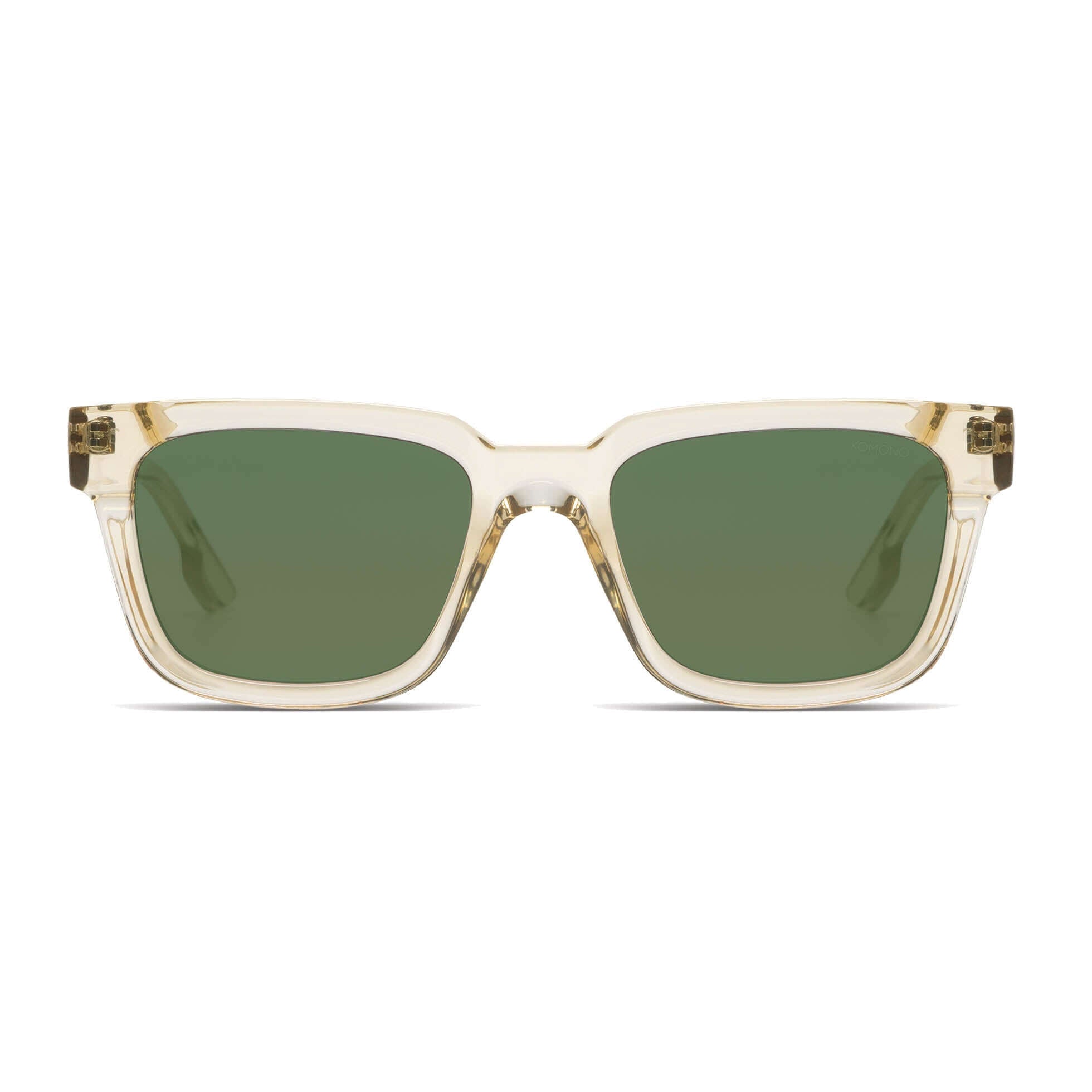 Bobby Sand Forest Sunglasses in a clear frame with green lenses, featuring UV 400 protection and eco-friendly materials.