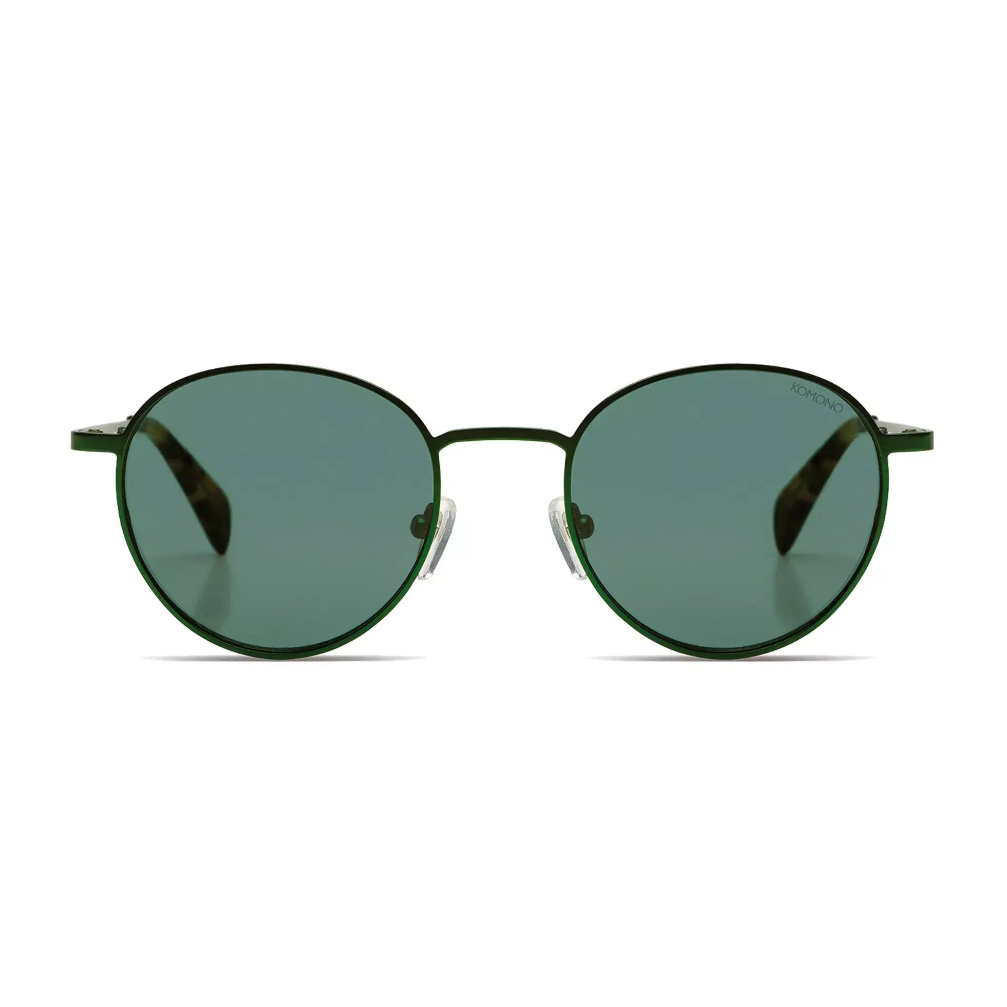 James Green Satin Cavee Sunglasses featuring dark green lenses and elegant stainless steel frame.
