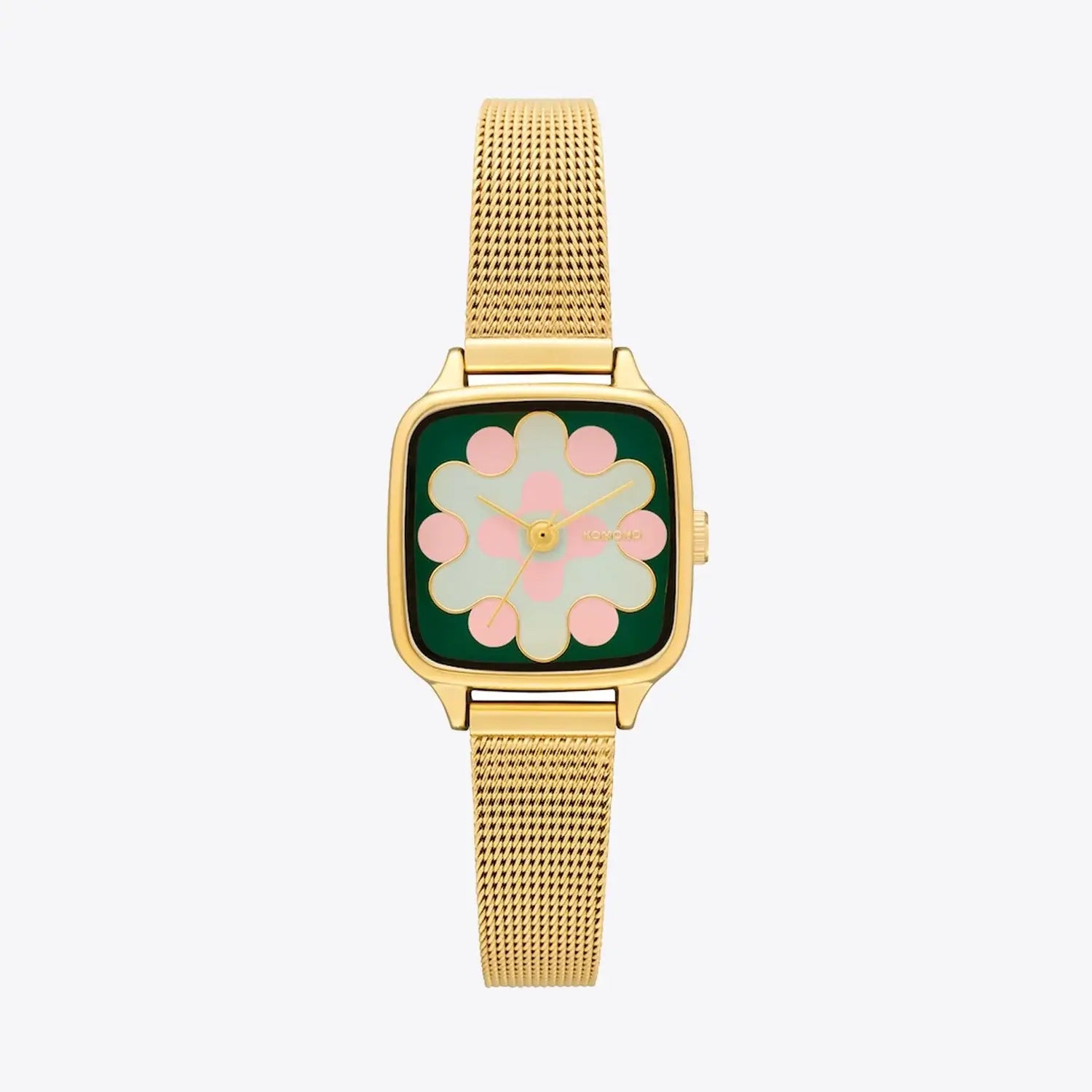 Kate Aurora Royale Gold Green Blush Watch with floral design and gold mesh strap.
